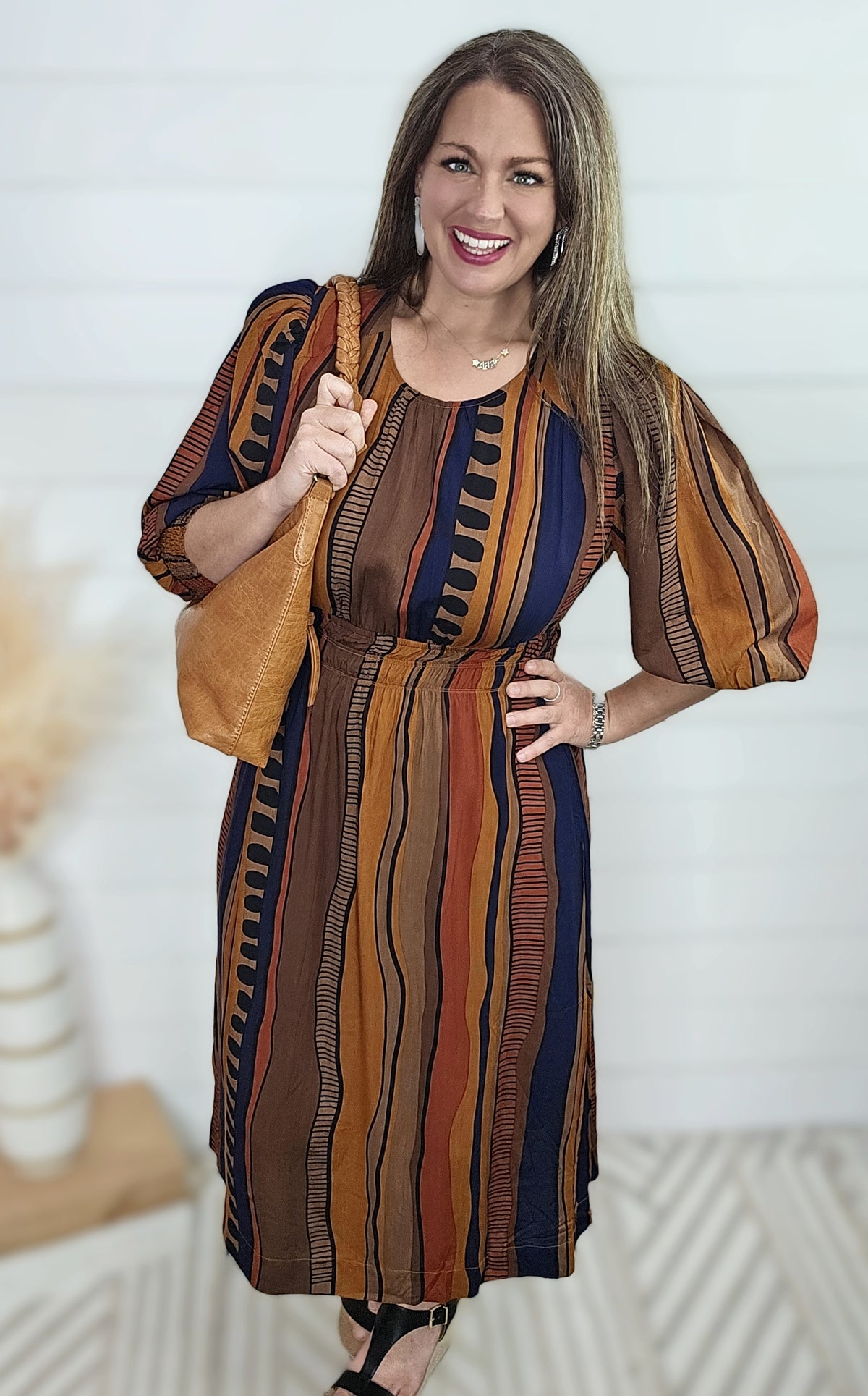 geo midi dress Geo Print Midi Dress with Smocked Waistline Green & Orange Small