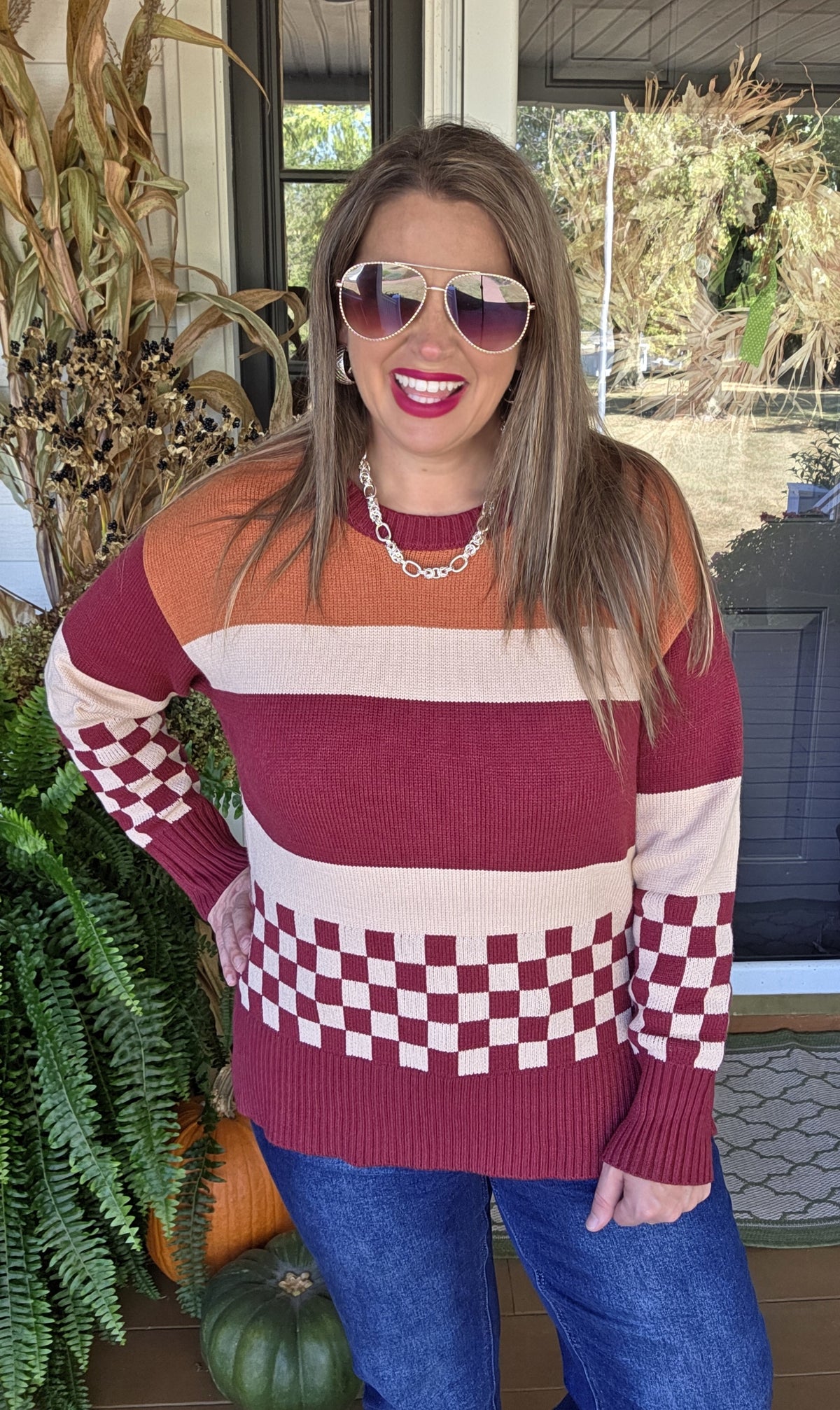 RUST CHECKERED COLORBLOCK KNIT SOFT SWEATER