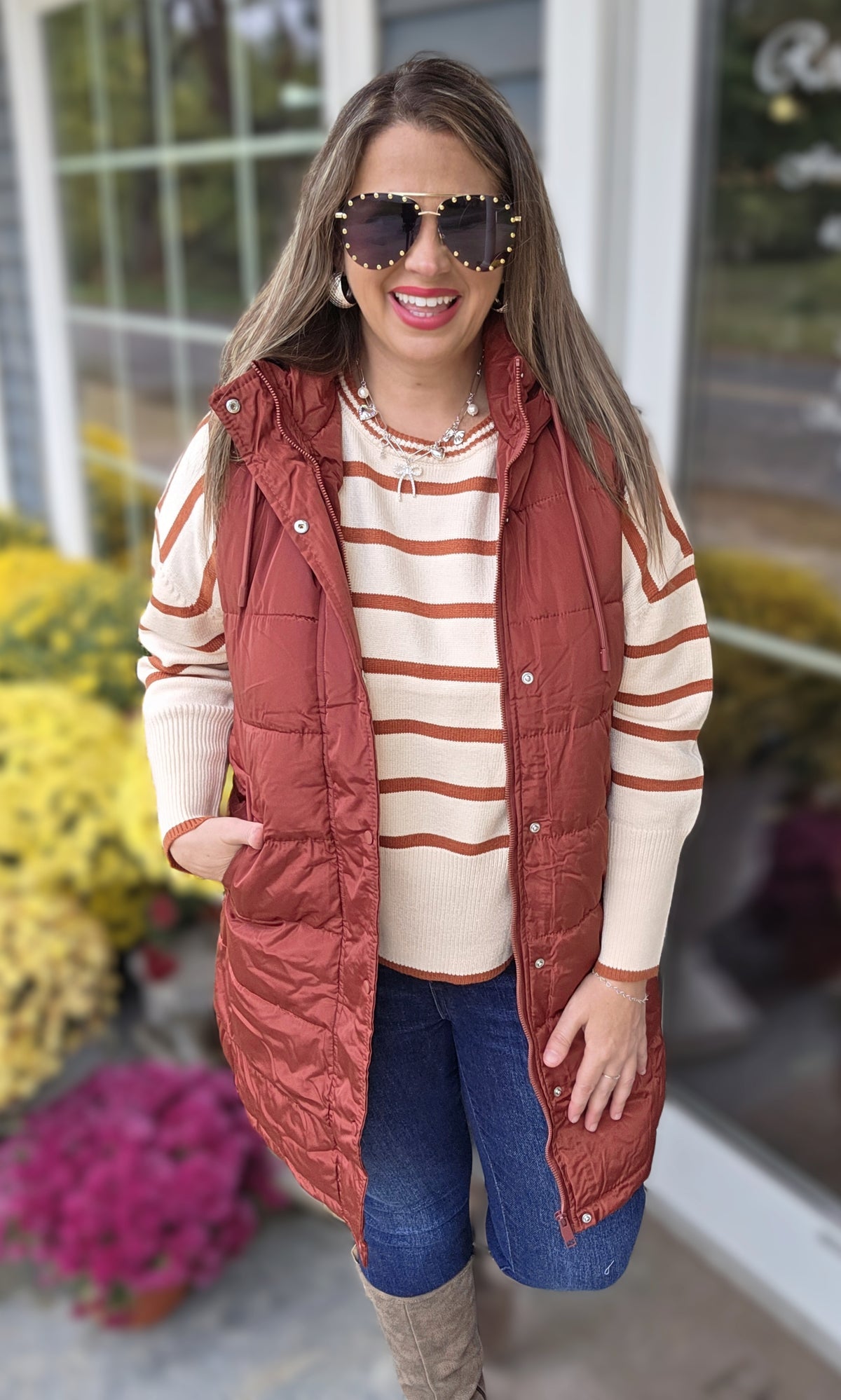 BRICK LONG PUFFER HOODED VEST WITH SIDE ZIPPER