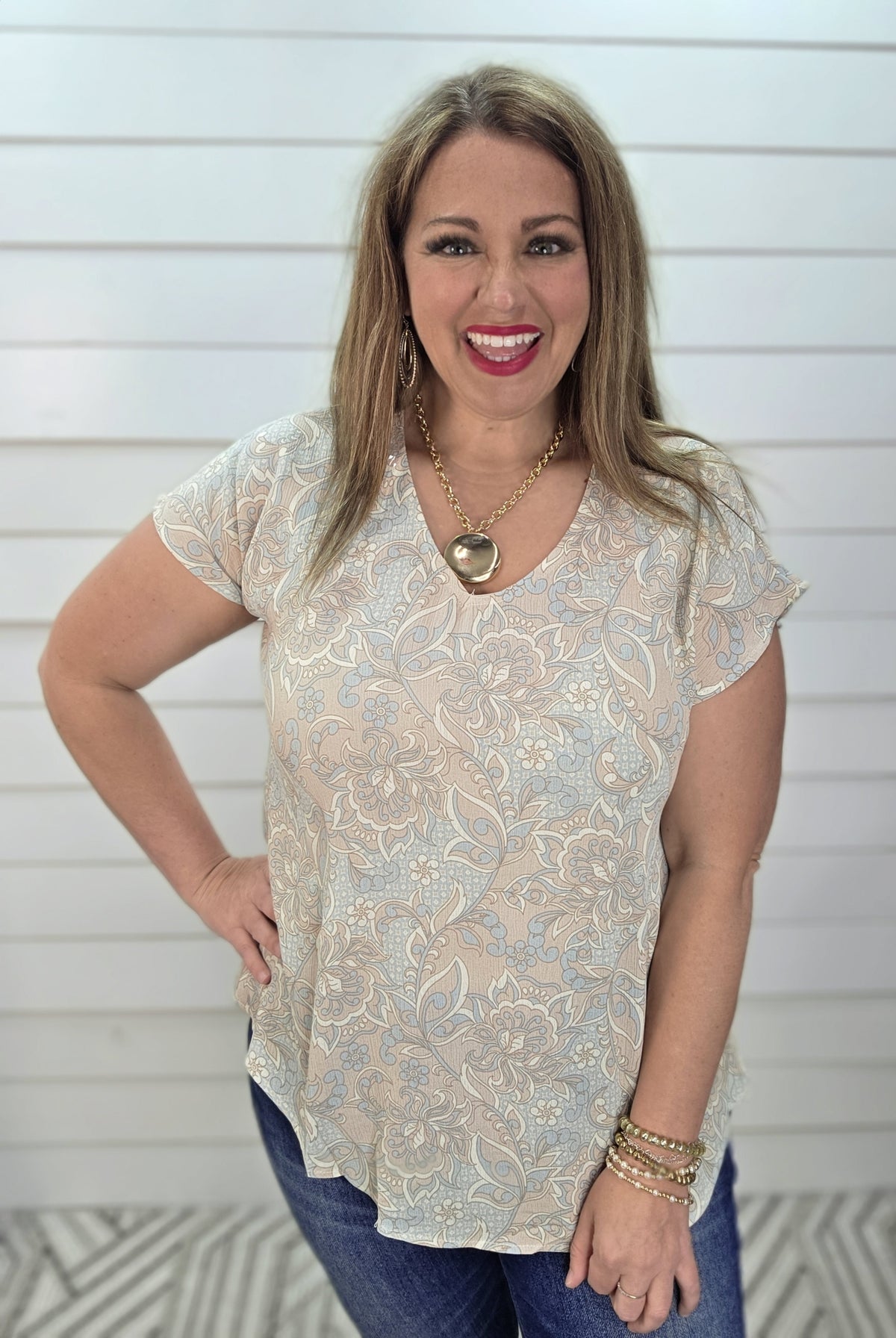 TAUPE/LIGHT BLUE FLORAL V NECK WOVEN TOP