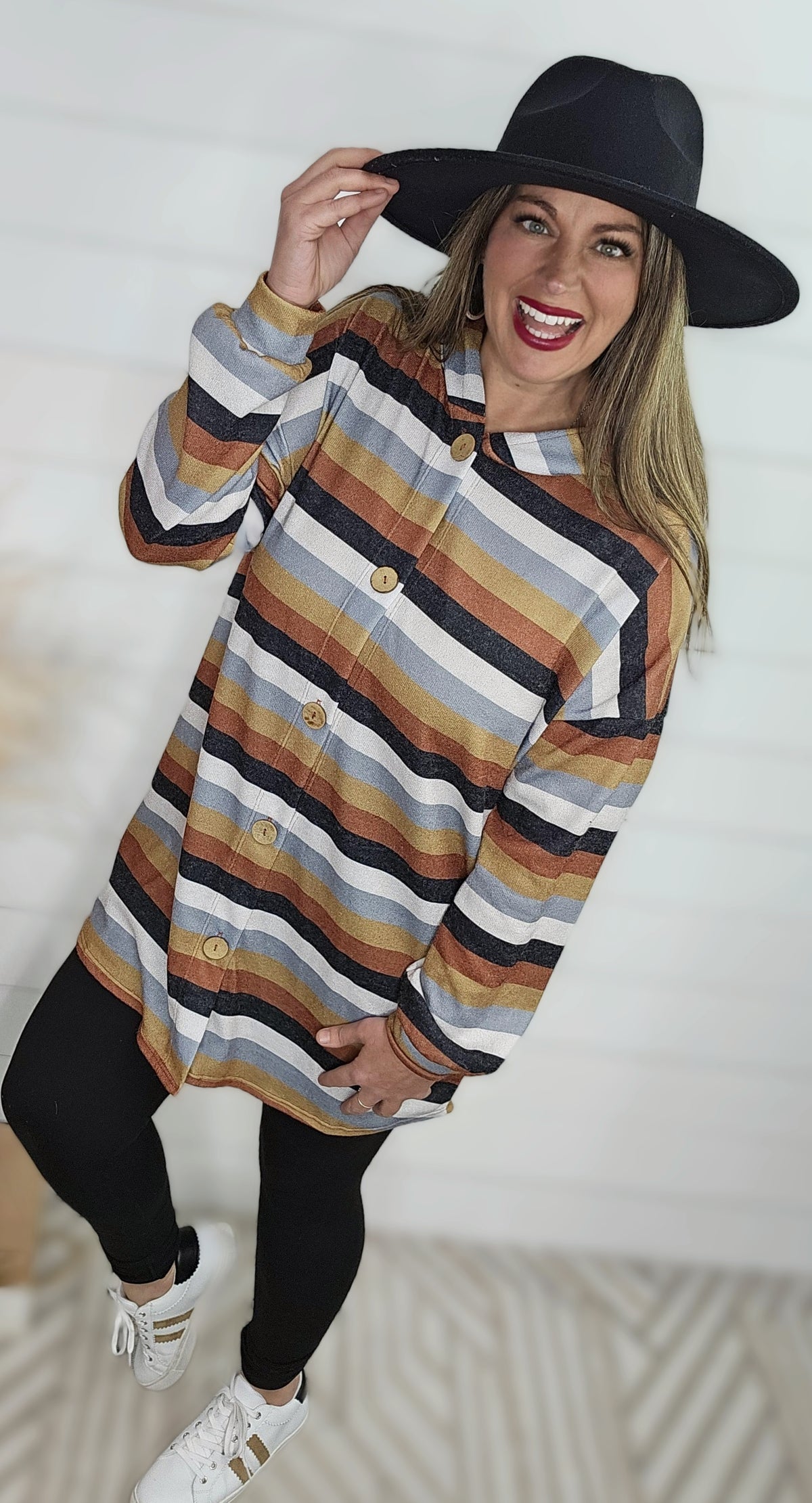 MULTI STRIPE BUTTON DOWN POCKET HOODED TUNIC