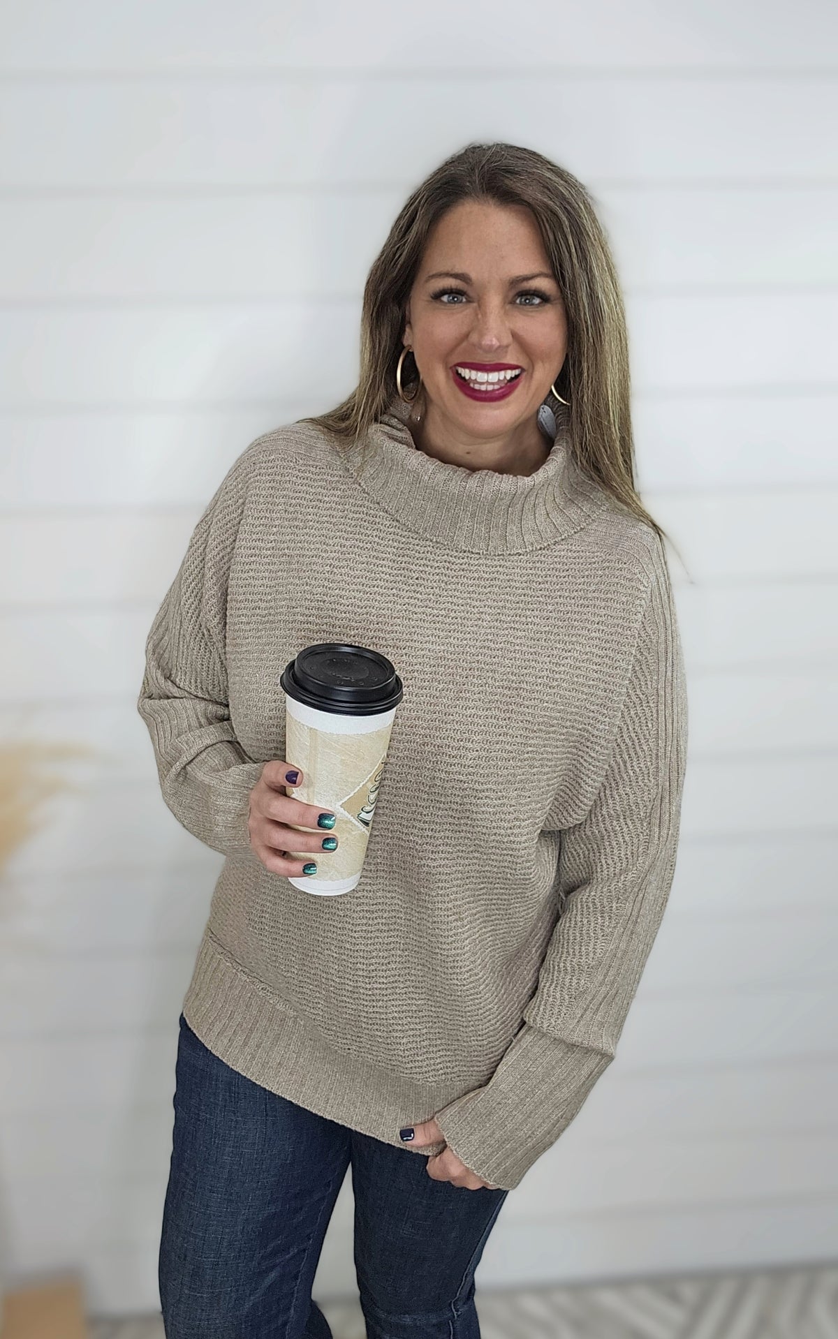 MUSHROOM RIBBED COWL NECK SWEATER