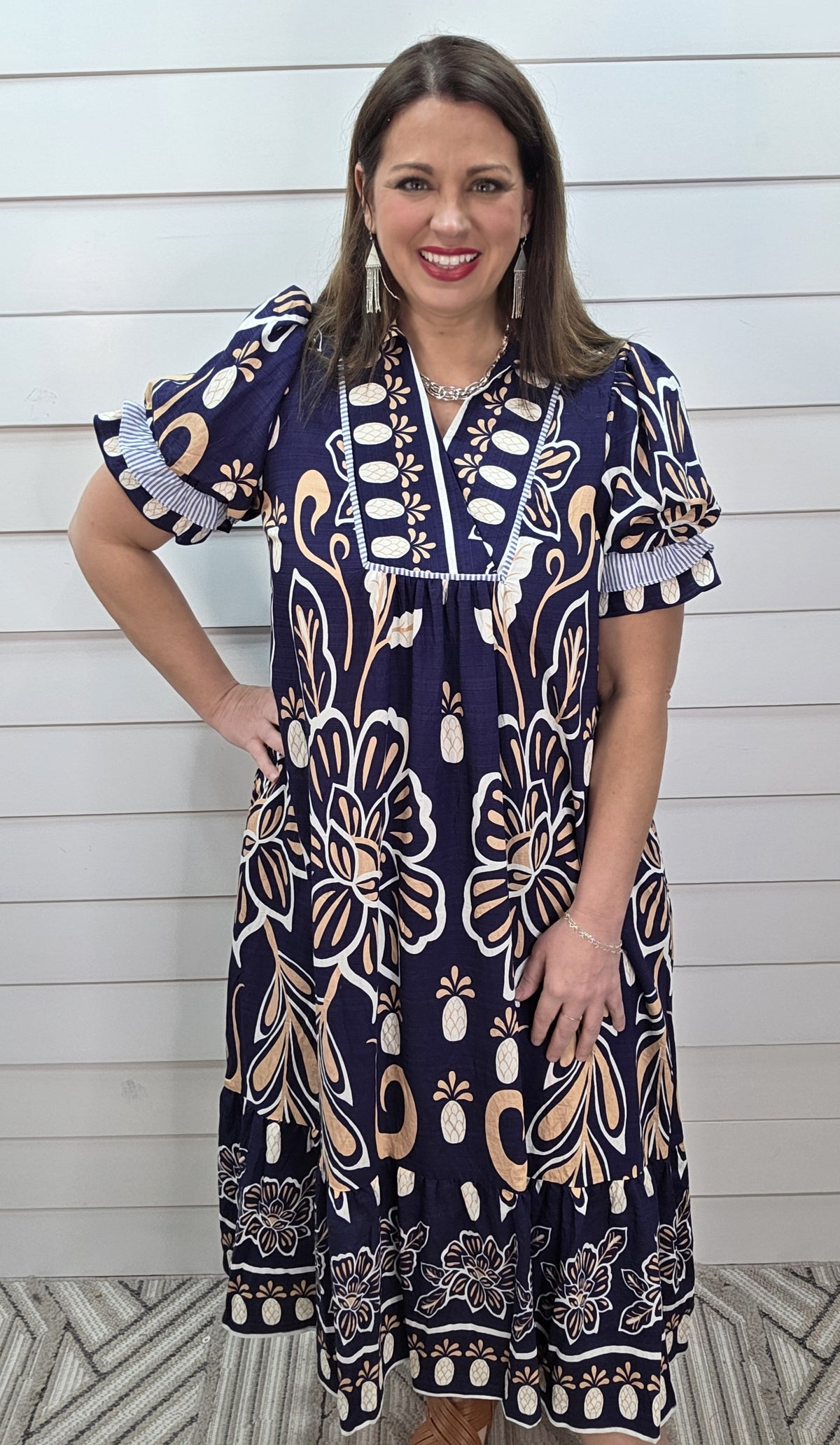 NAVY/CREAM PRINTED V NECK LONG DRESS