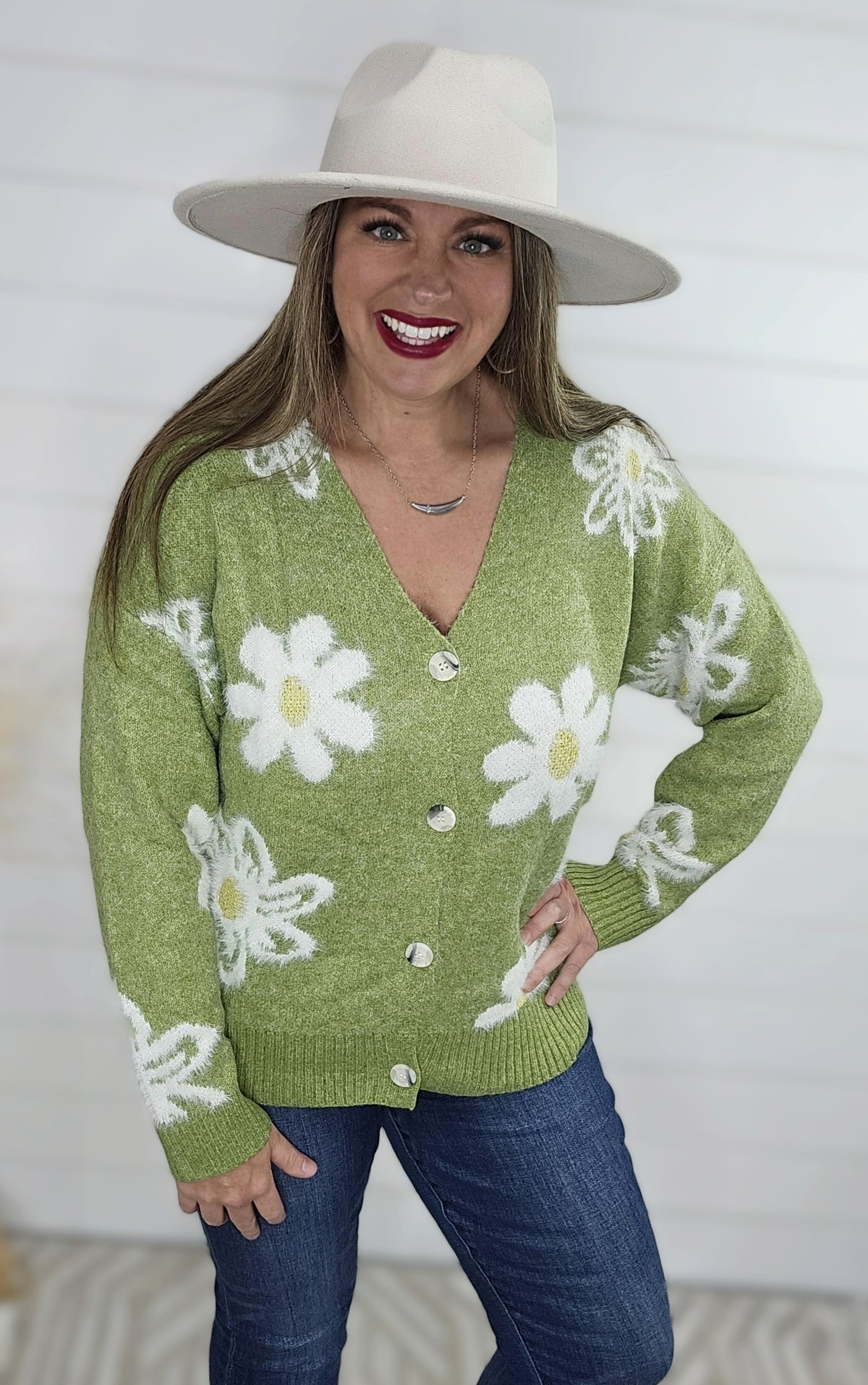 GREEN FLORAL FUZZY BUTTON CARDIGAN SWEATER