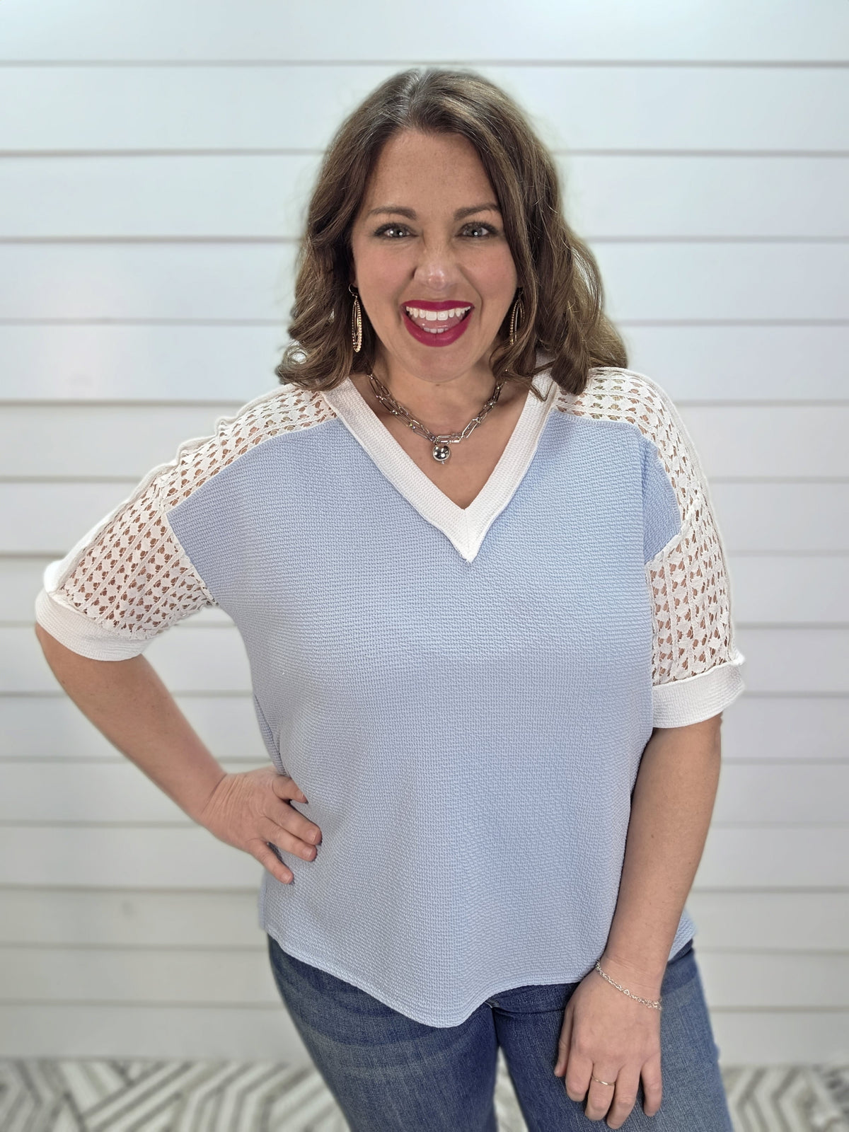 DENIM BLUE DREAM FABRIC W/ LACE CONTRAST SLEEVE