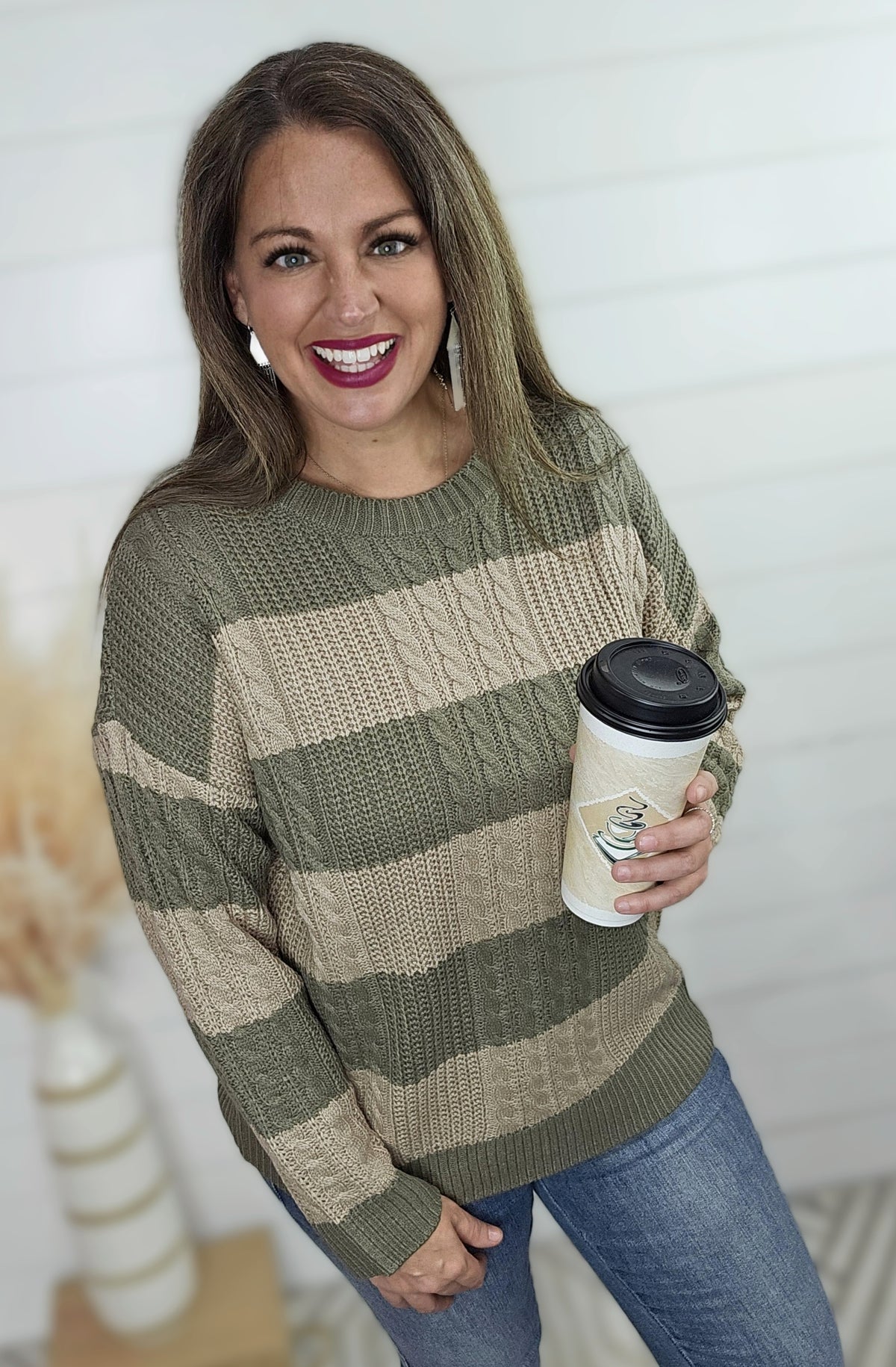 OLIVE/TAUPE CABLE KNIT STRIPED SWEATER