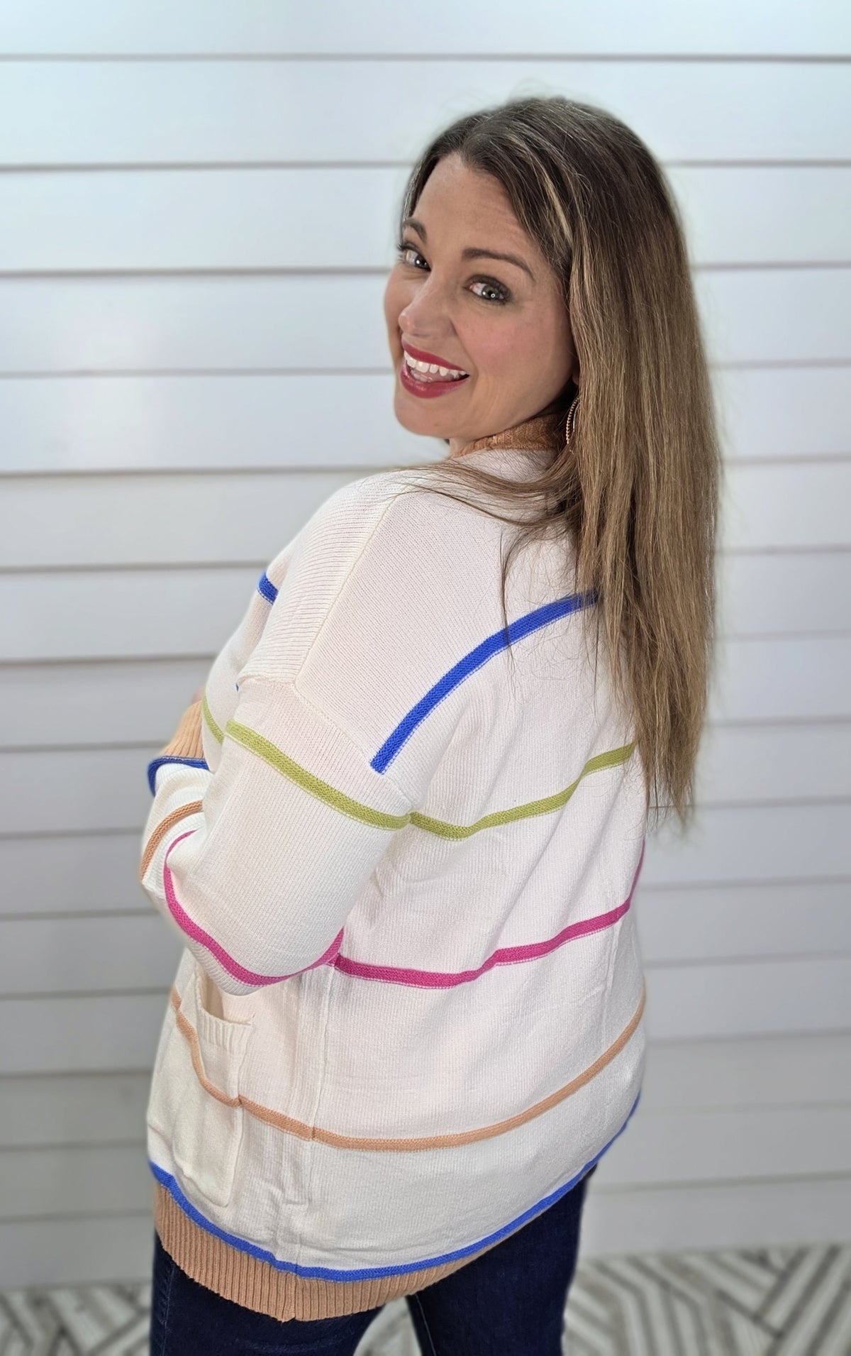 WHITE MULTI BRIGHT COLOR STRIPED KNIT CARDIGAN