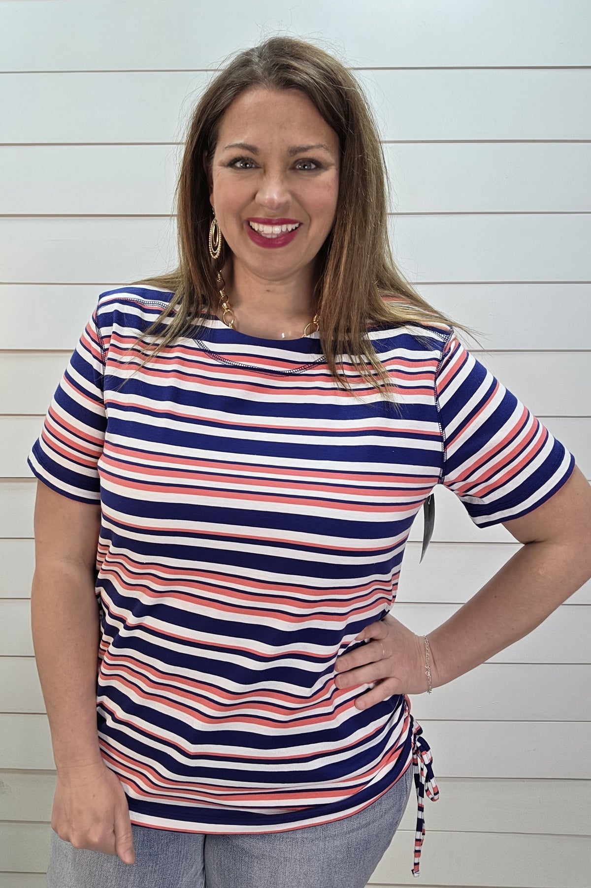 NAVY STRIPED DRAWSTRING SIDE KNIT TOP