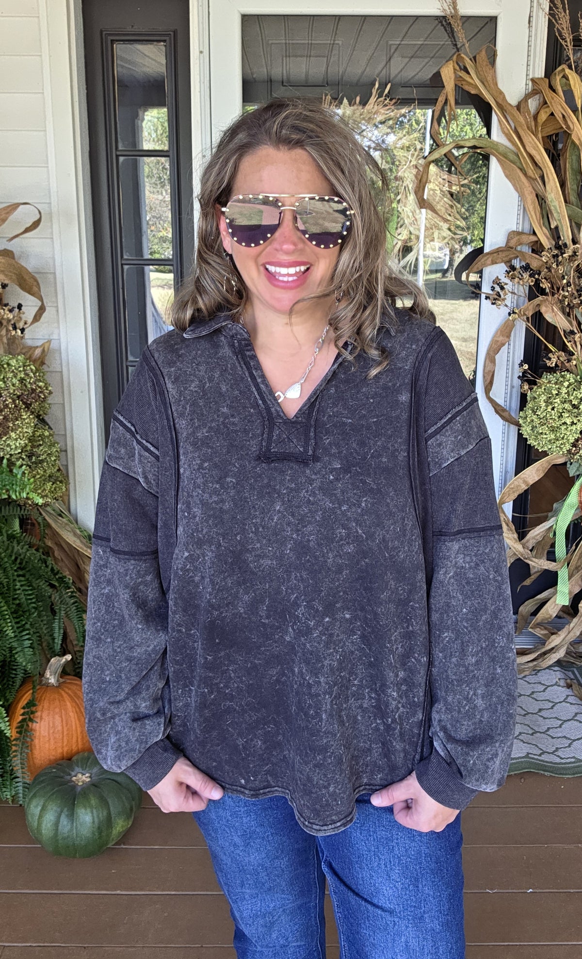 BLACK MINERAL WASH FRENCH TERRY PULLOVER WITH LAY DOWN COLLAR