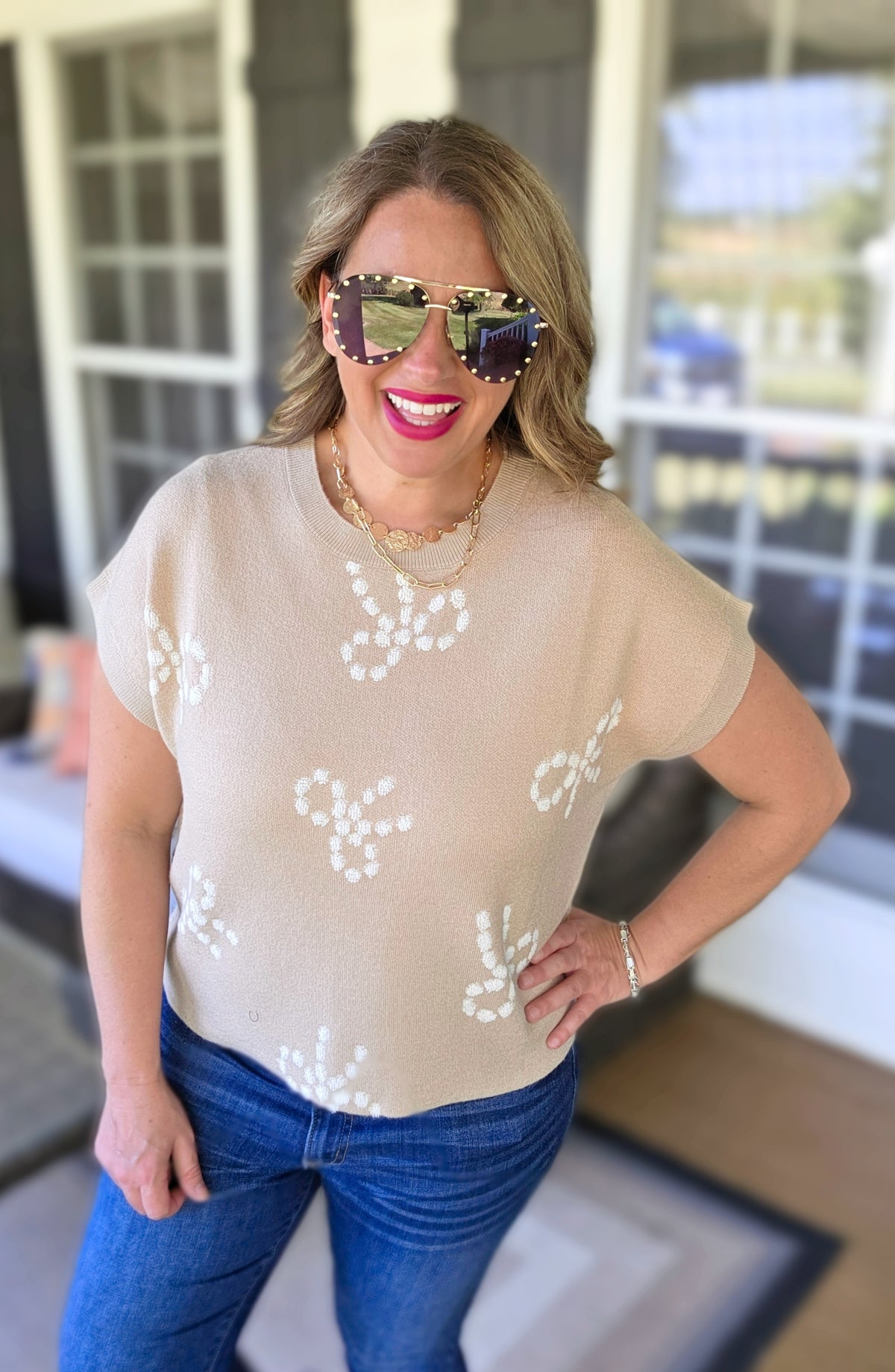 KHAKI BOW PRINT ULTRA SOFT SWEATER VEST