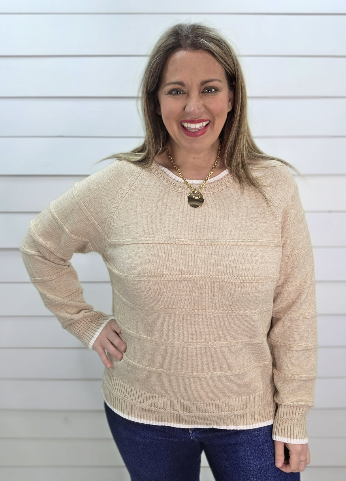 OATMEAL TEXTURED STRIPED PULLOVER SWEATER