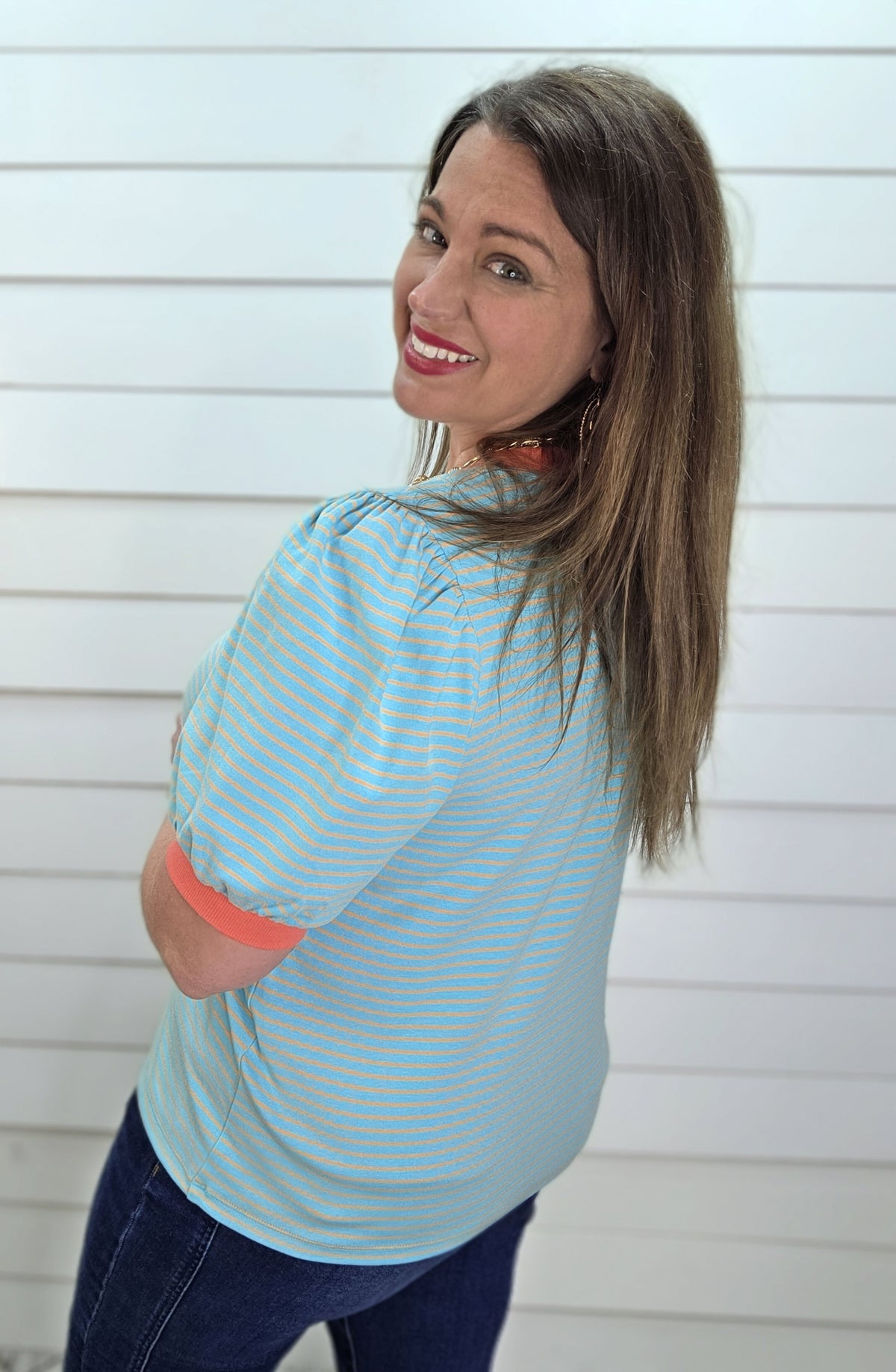 MINT/CORAL STRIPED PUFF SLEEVE KNIT TOP
