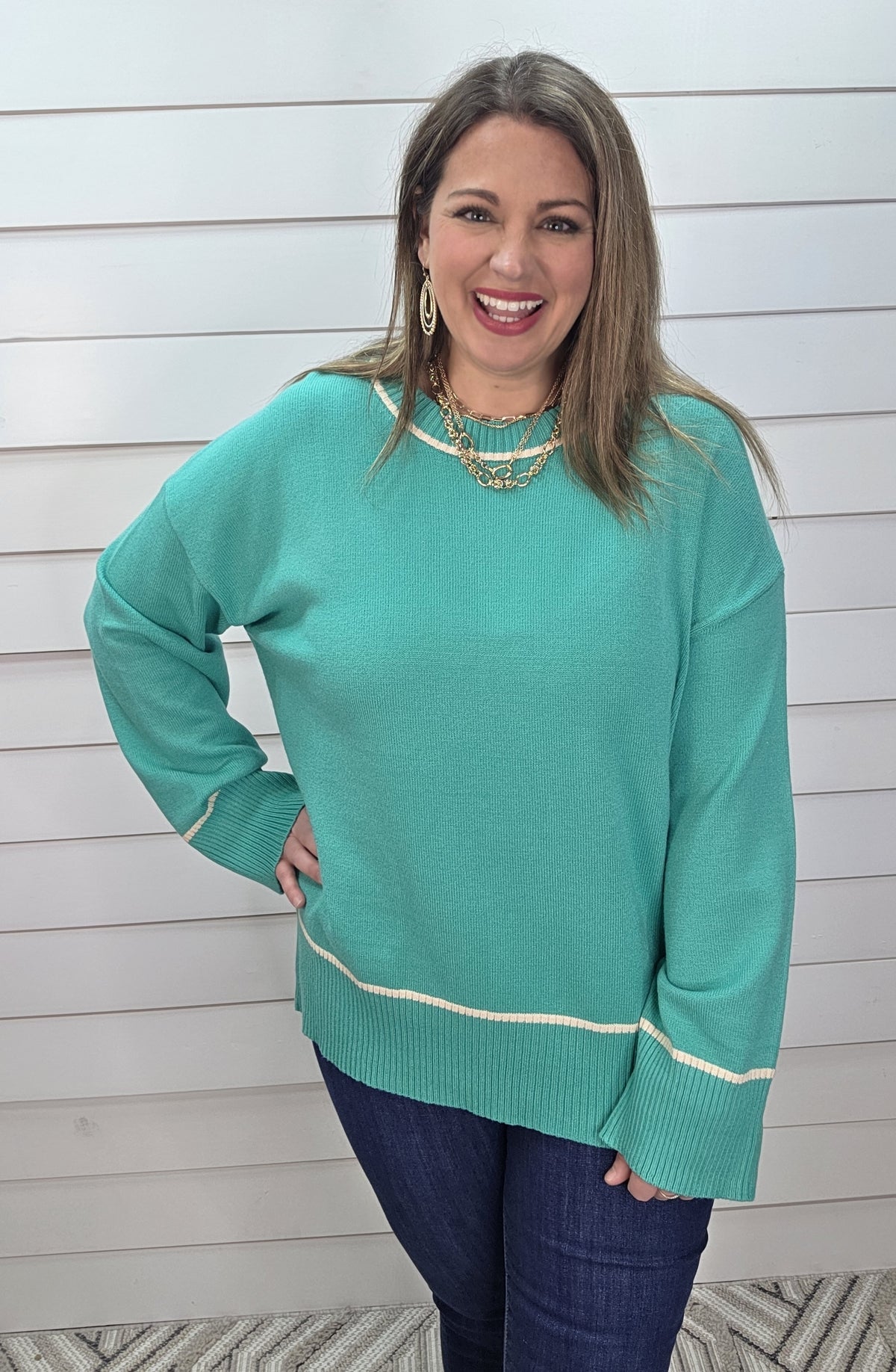 TEAL CONTRAST DROP SHOULDER LIGHT WEIGHT SWEATER