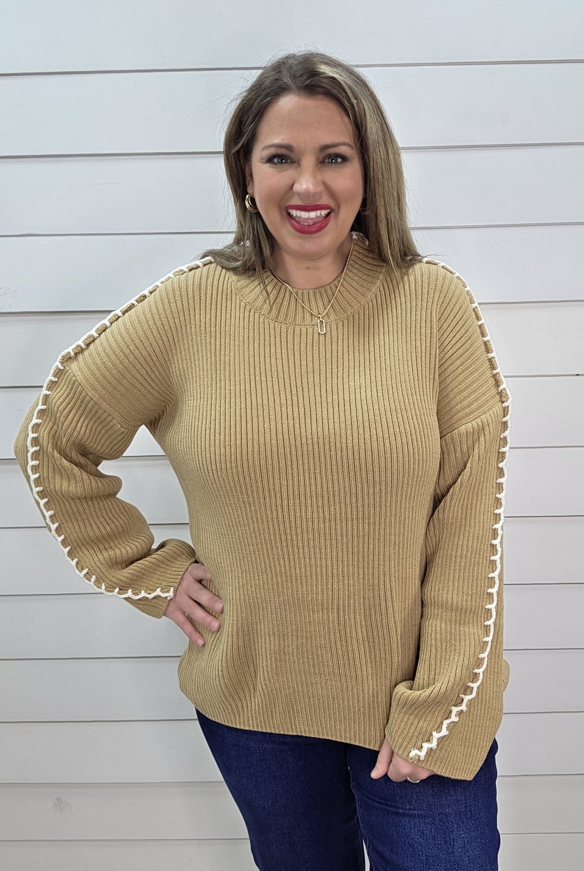 TAUPE STITCH DETAIL LOOSE FIT PULLOVER SWEATER