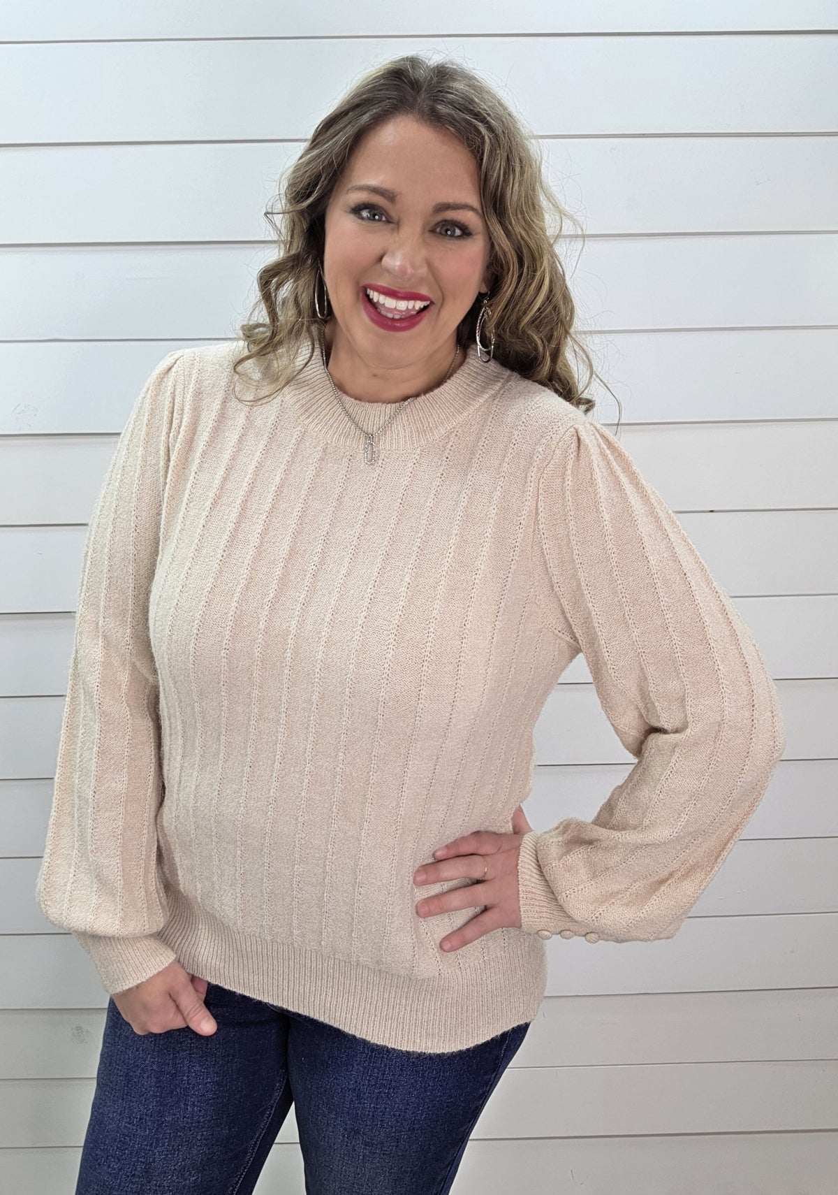 OATMEAL VERTICAL TEXTURED STRIPED BUTTON CUFF PULLOVER KNIT SWEATER