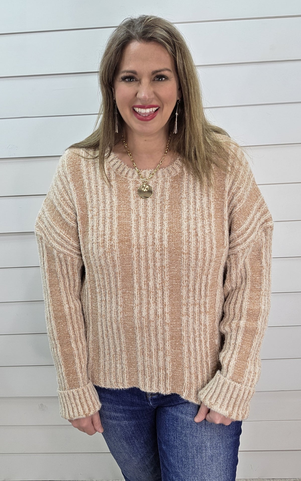 MOCHA FUZZY KNIT TEXTURED PULLOVER SWEATER