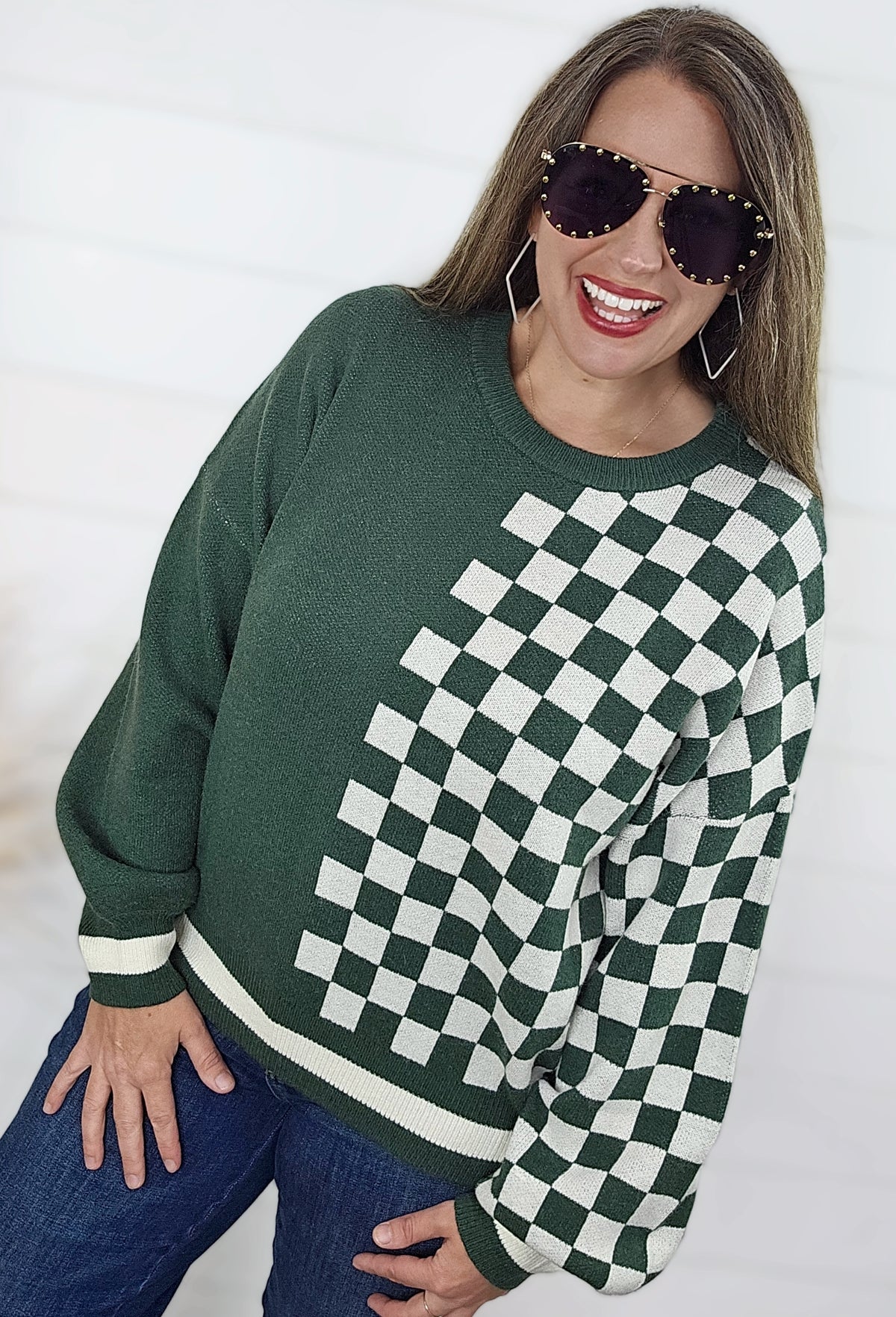 HUNTER GREEN CONTRAST CHECKERBOARD SWEATER