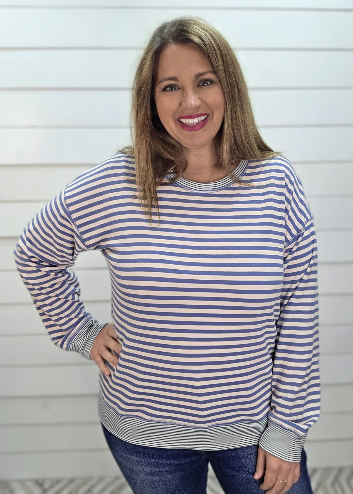 Denim Blue Crew Neck, Drop Shoulder, Long Sleeve, Micro Brushed Knit top