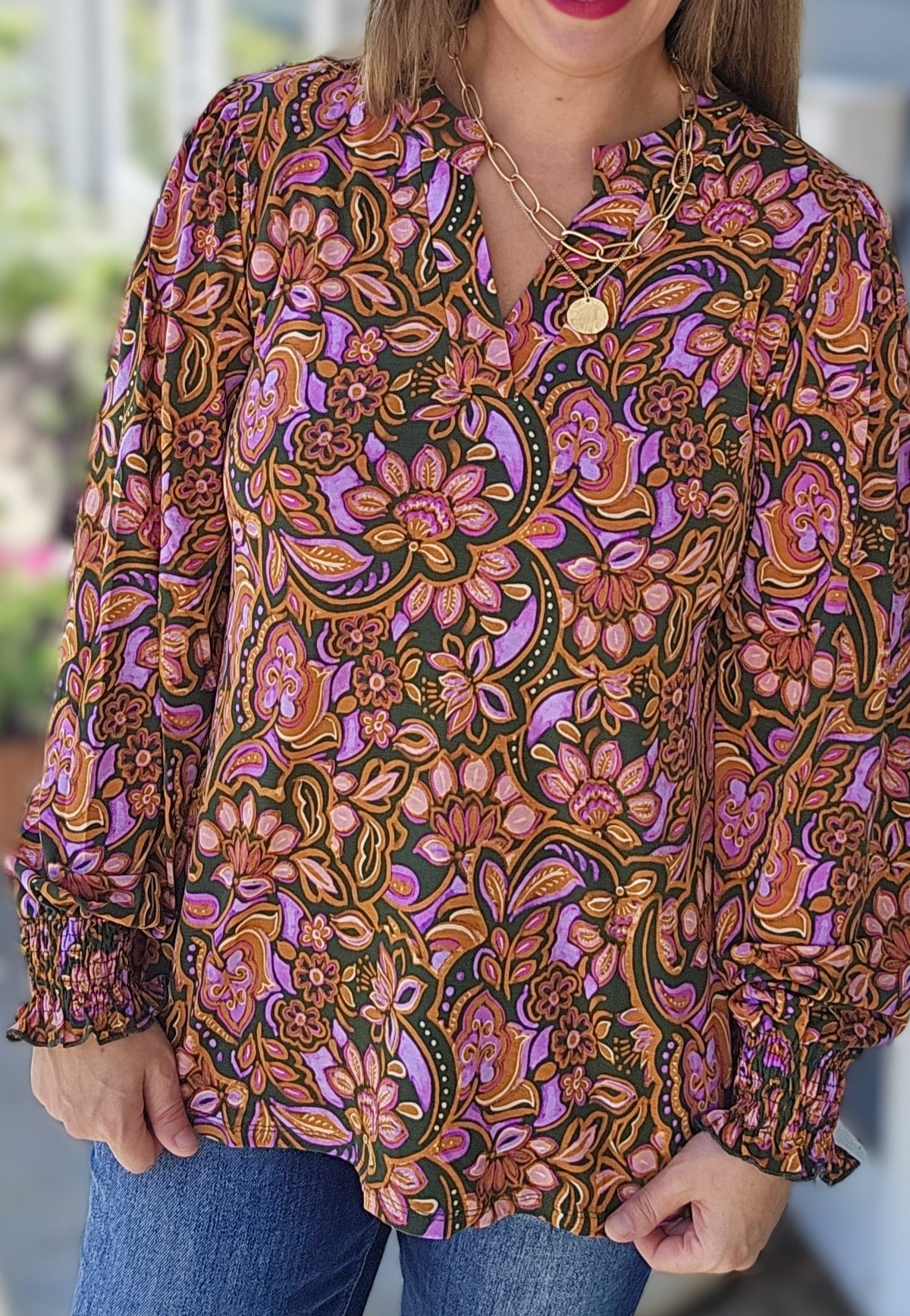 DEAR SCARLETT OLIVE/MUSTARD/PURPLE FLORAL LONG SLEEVE SMOCKED LIZZY