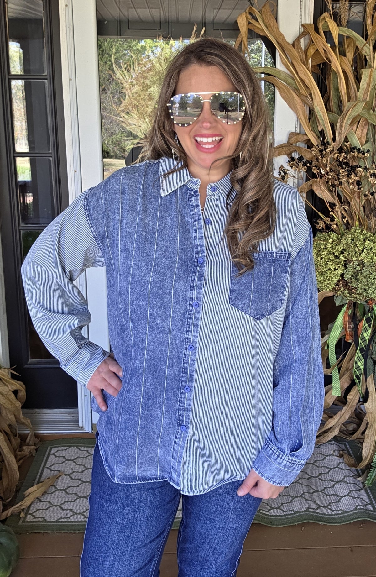 INDIGO STRIPED CONTRAST BUTTON DOWN TOP