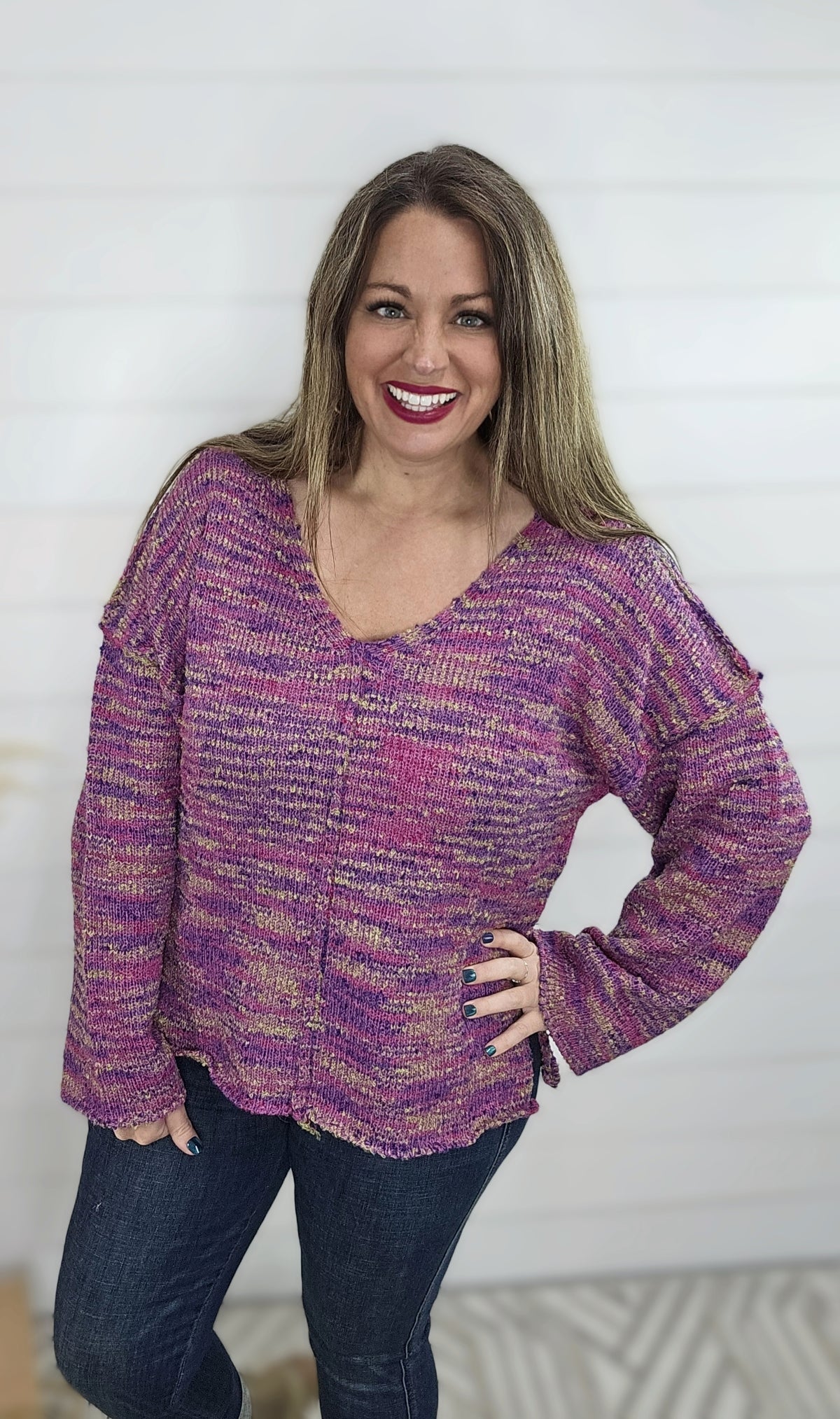 PINK MIX KNIT V NECK CENTER SEAM SWEATER