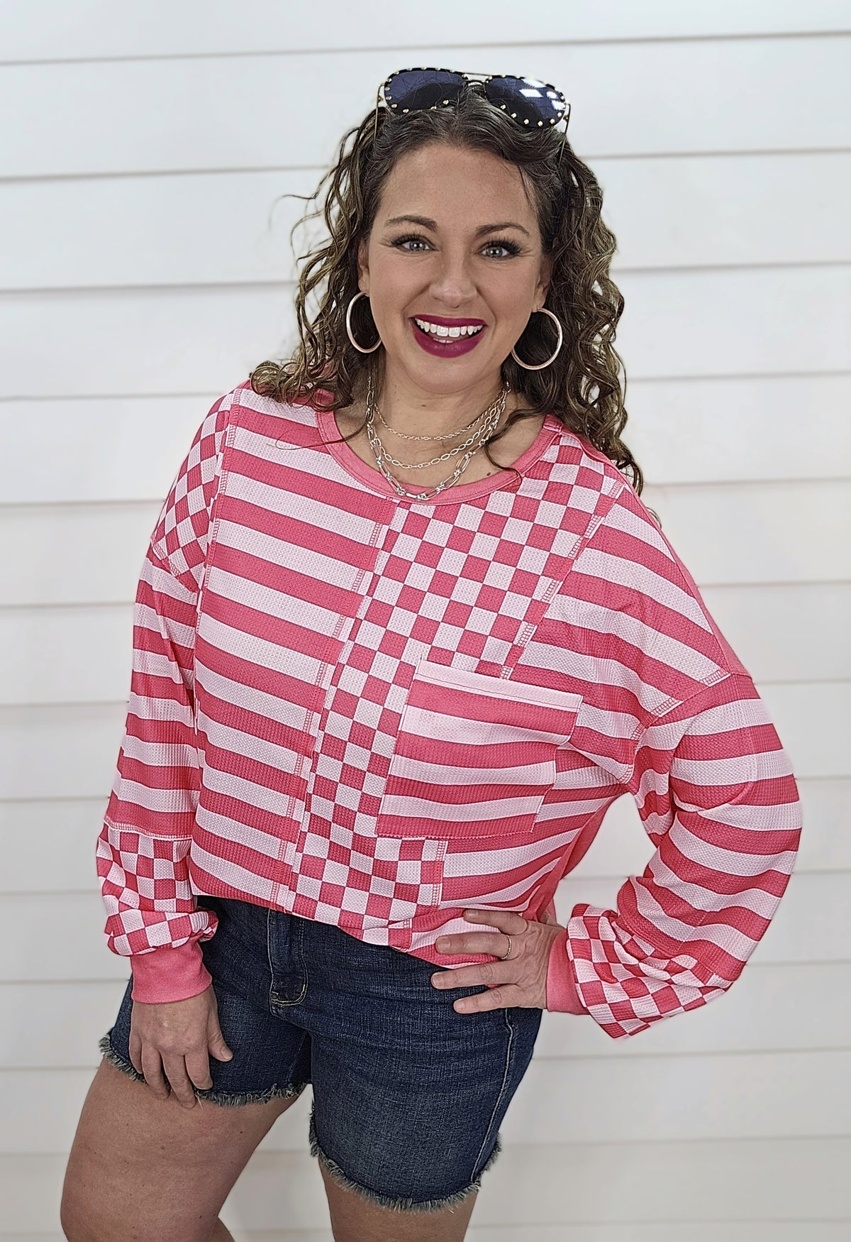 PINK OVERSIZED CHECKERED PATCHWORK KNIT TOP