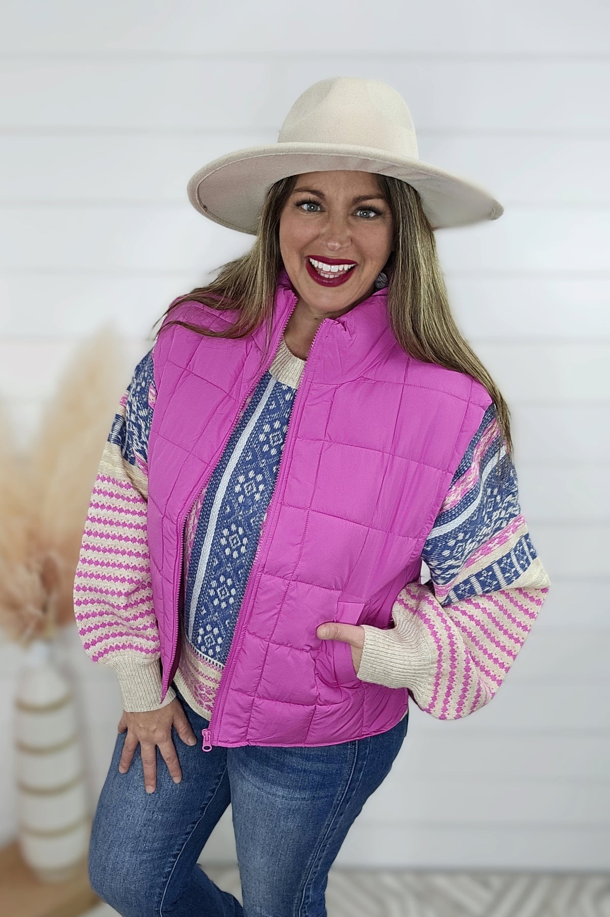 FUCHSIA ZIP UP PUFF VEST