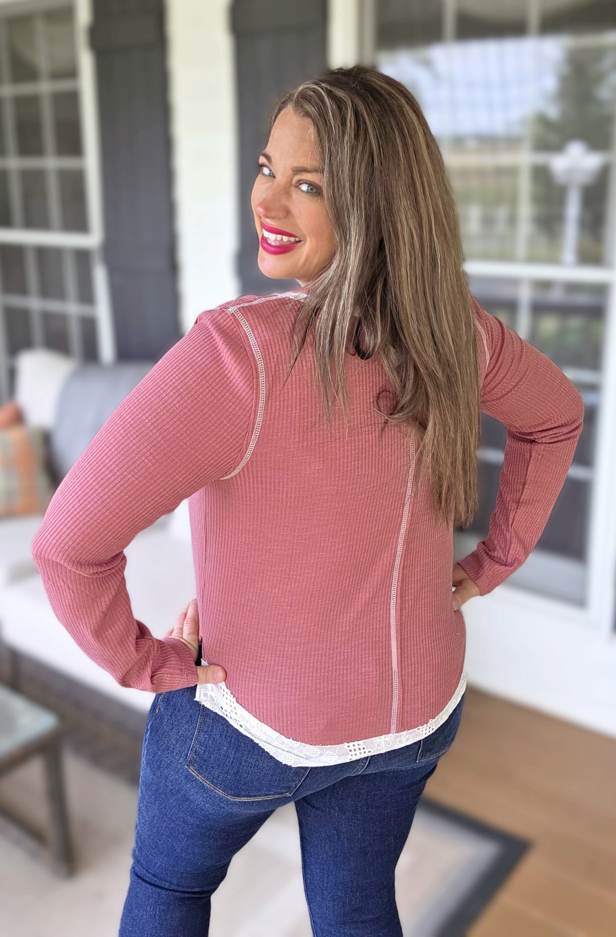 POL MAUVE PINK RIBBED/LACE TRIM KNIT TOP