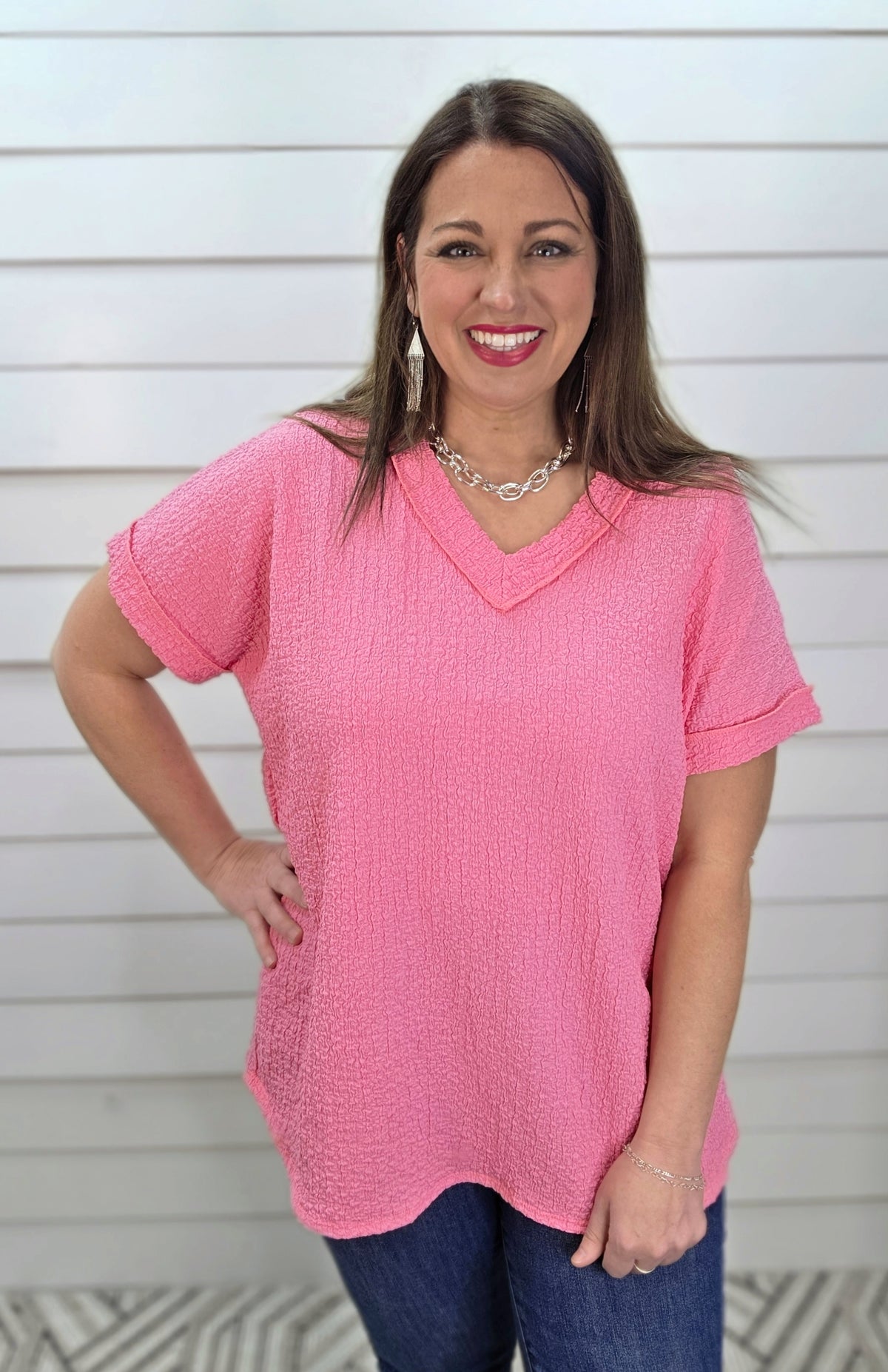 PINK OVERSIZED TEXTURED V NECK KNIT TOP