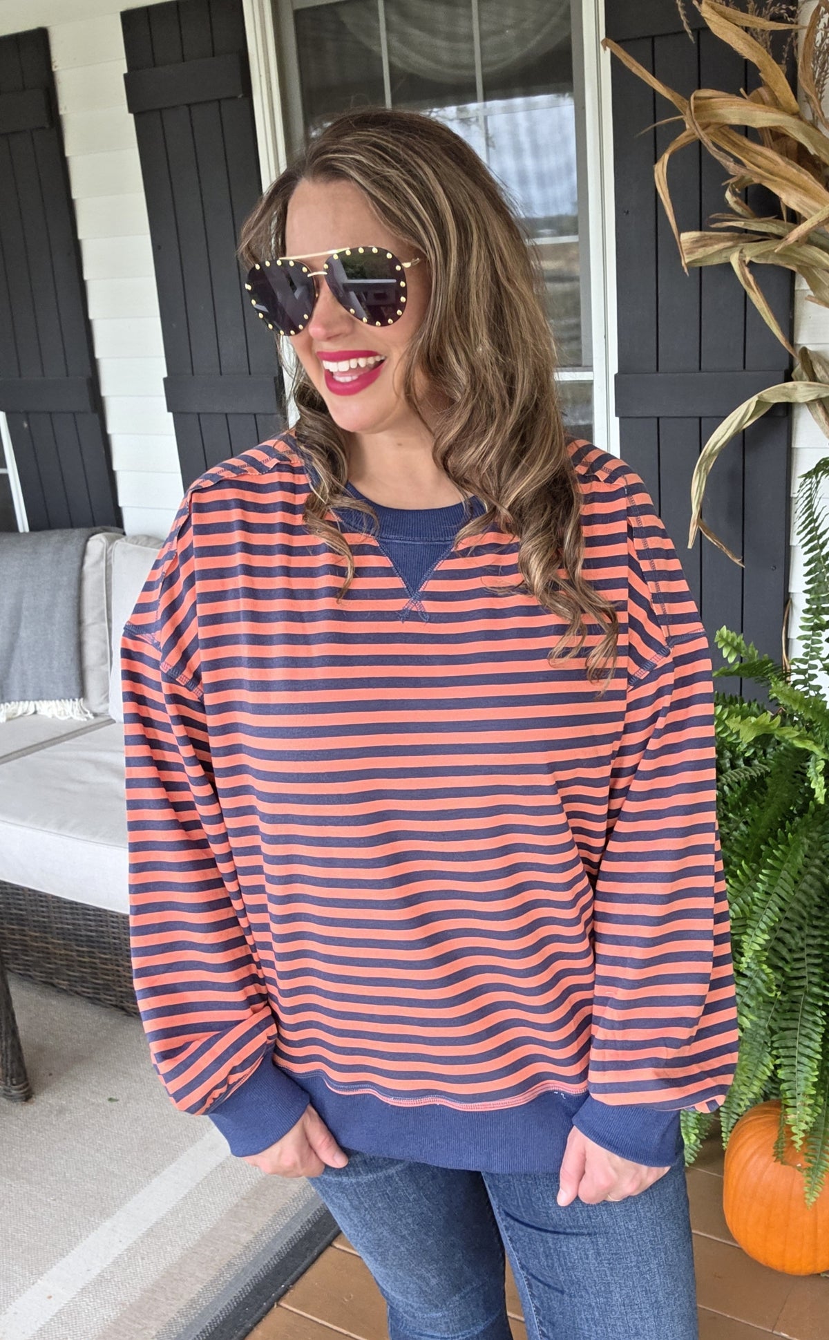 CORAL/NAVY STRIPED OVERSIZED KNIT TOP
