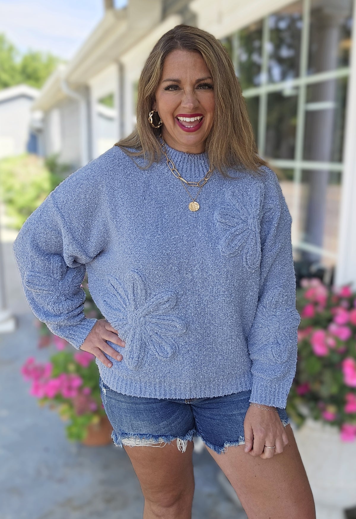 BLUE LARGE FLORAL KNIT SWEATER