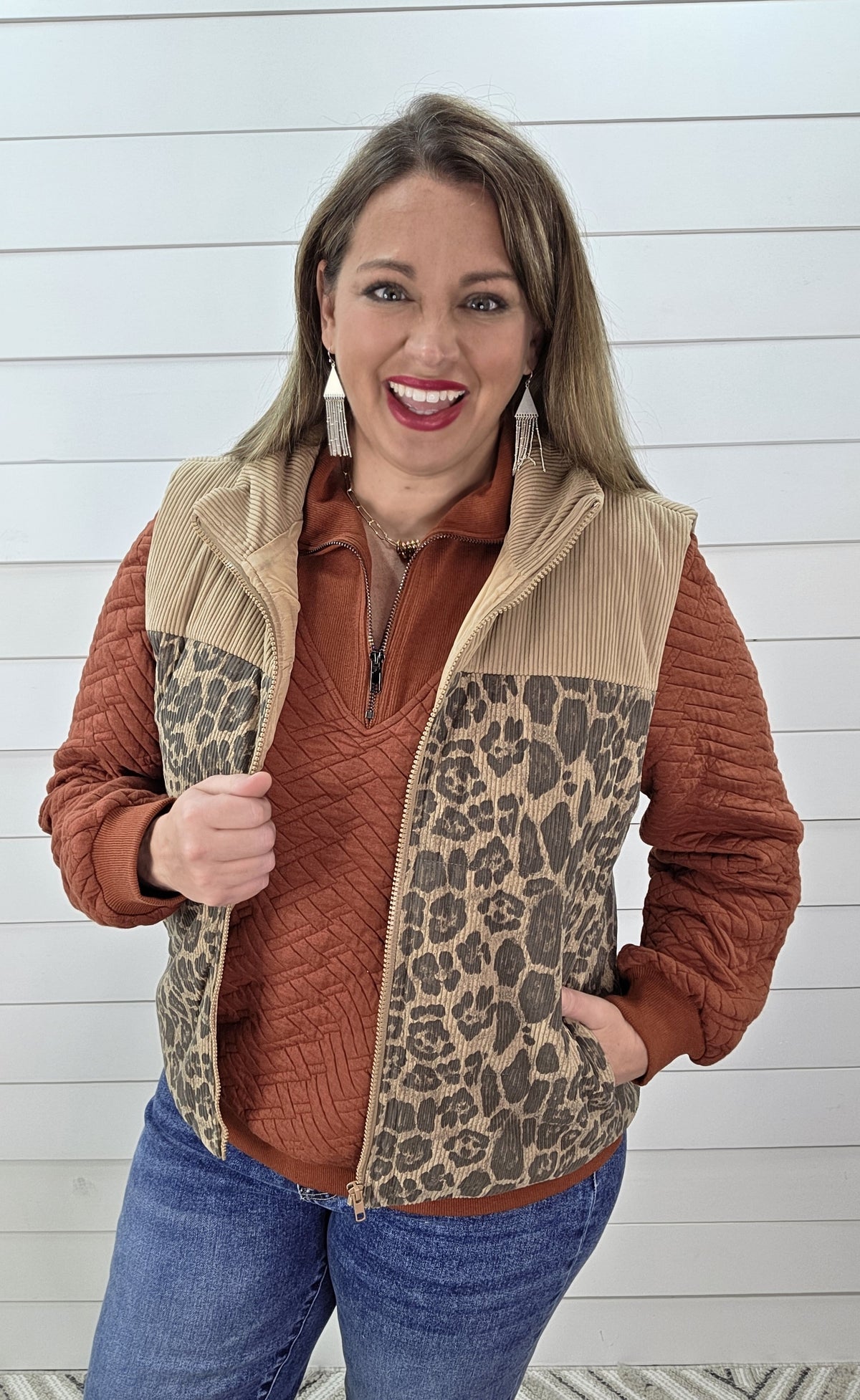 TAUPE LEOPARD CORD CONTRAST ZIPPER VEST