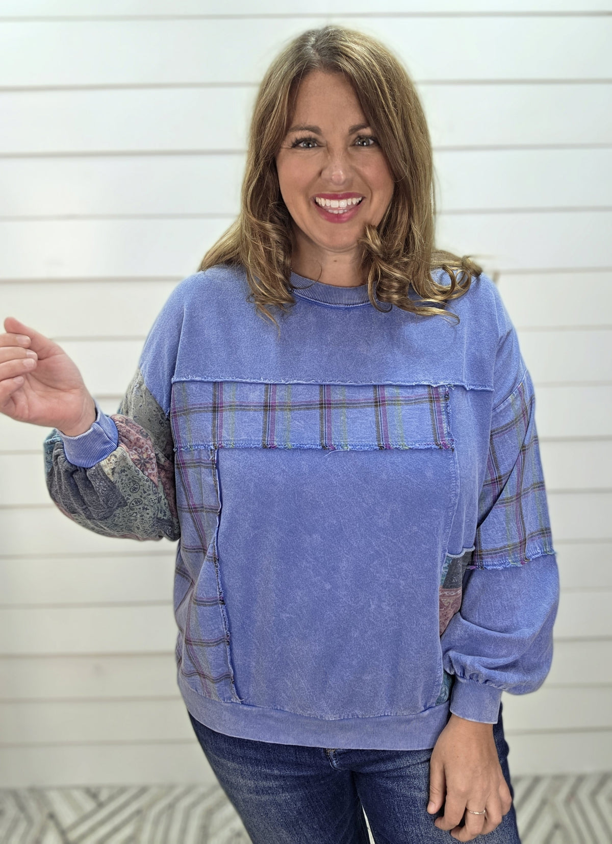 DENIM BLUE Mineral washed Plaid And Bandana Print Sweatshirt Top