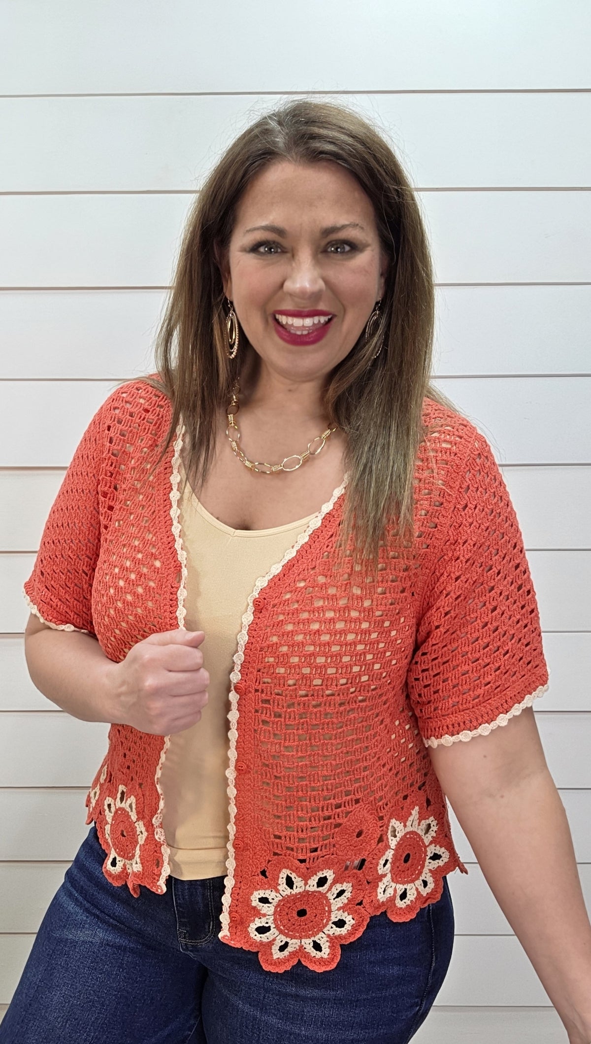 RED FLORAL CROCHET BUTTON DOWN TOP/CARDIGAN