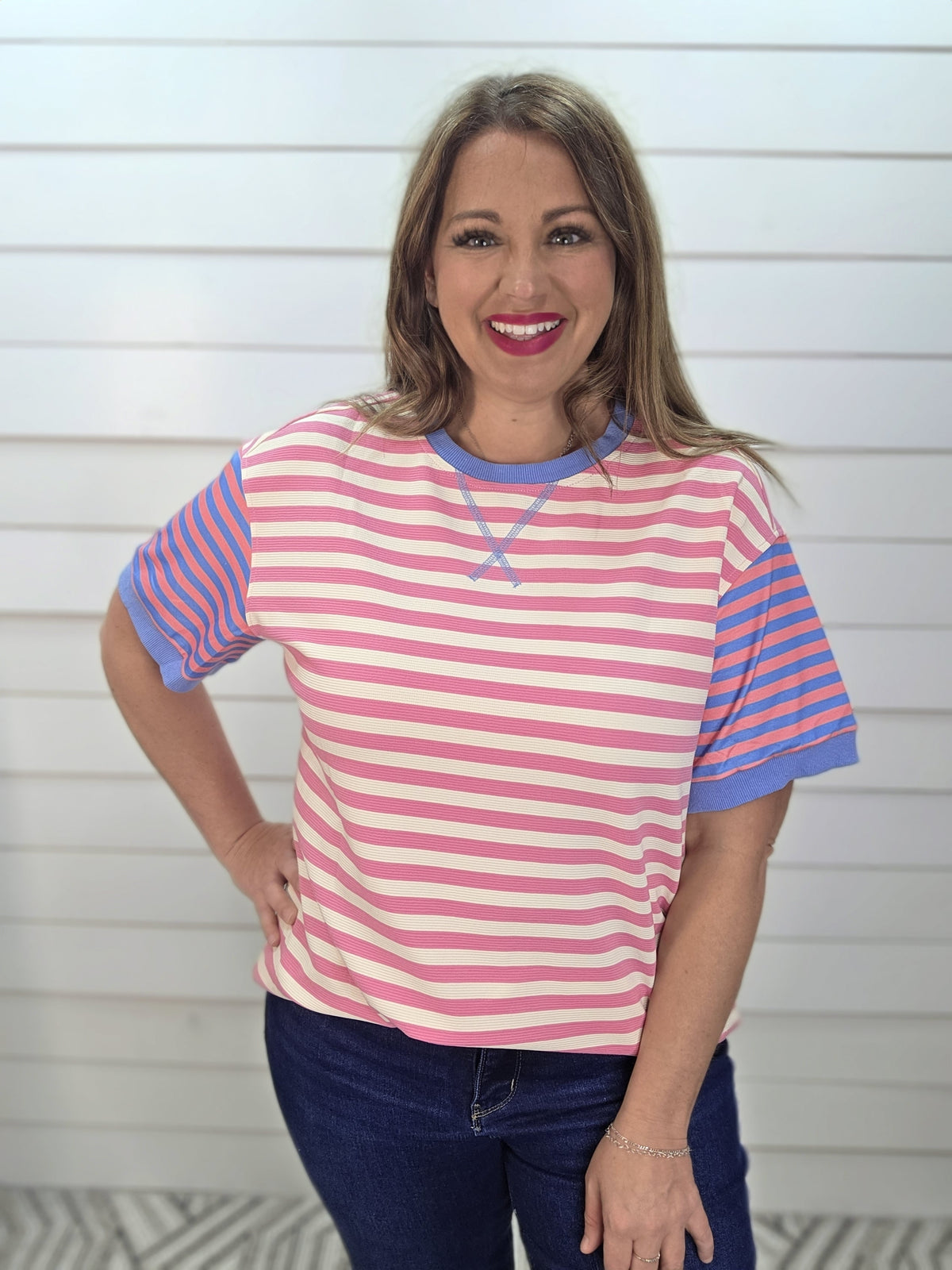 PINK STRIPED KNIT TOP W/ CONTRAST KNIT SLEEVES