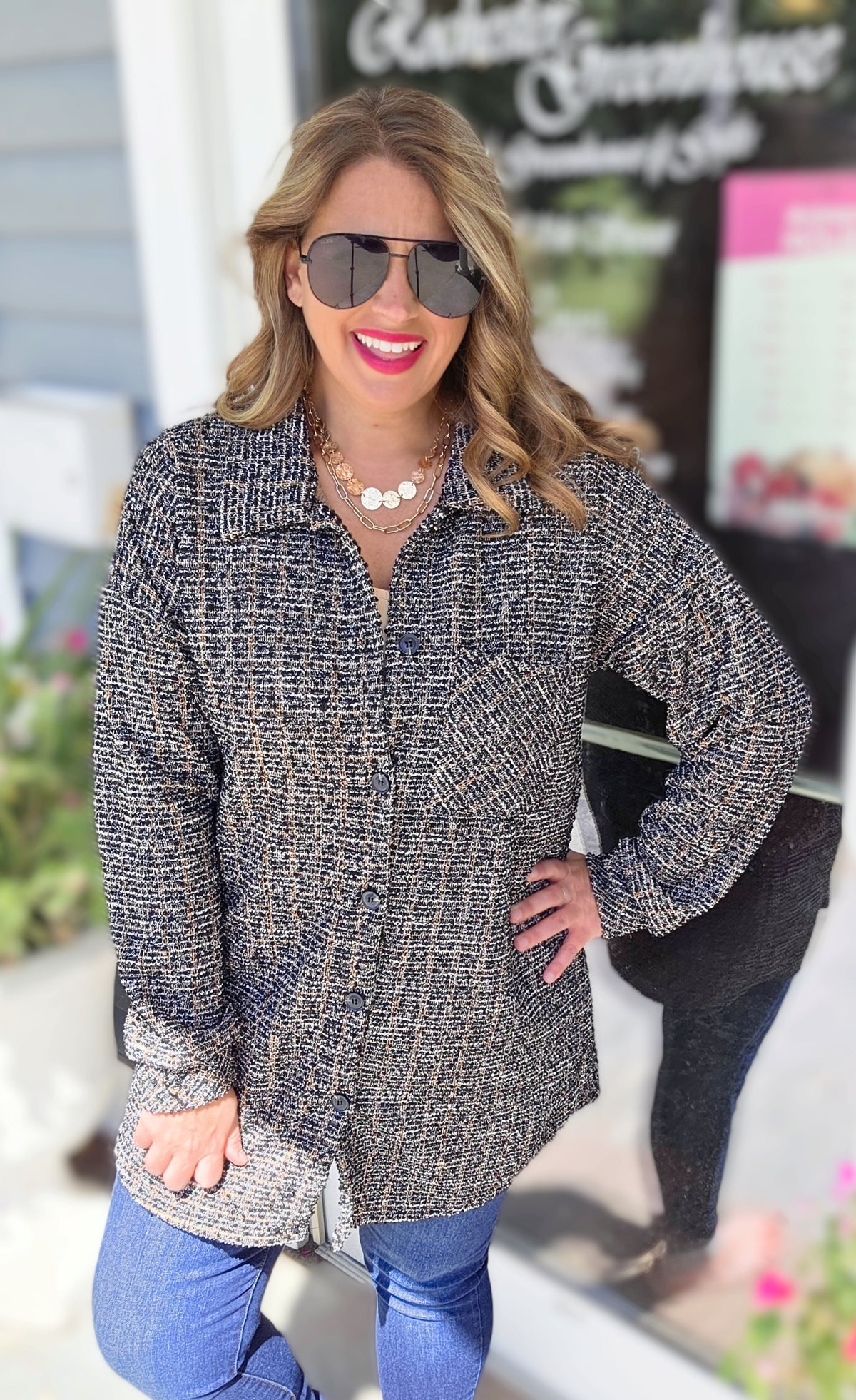 BLACK/GLITZ BUTTON DOWN SOFT TWEED TOP