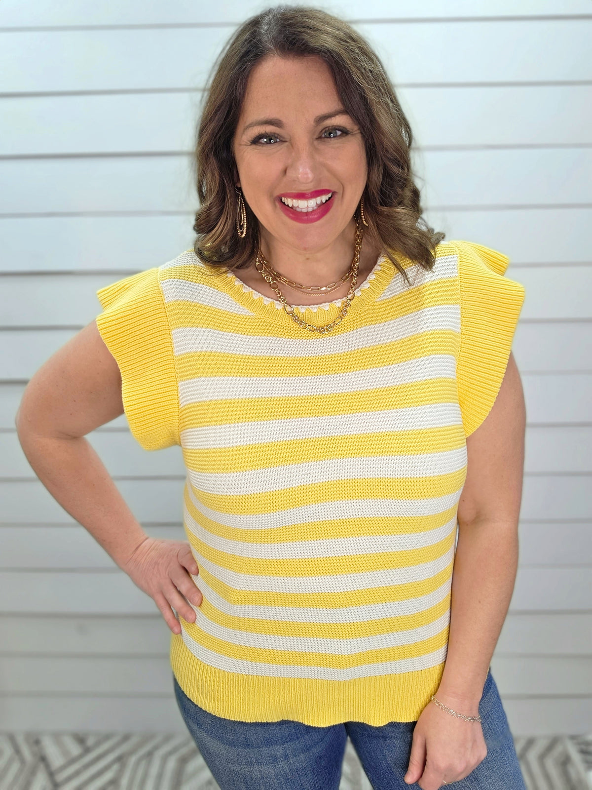 YELLOW/WHITE STRIPED SWEATER KNIT W/ RUFFLE SLEEVE