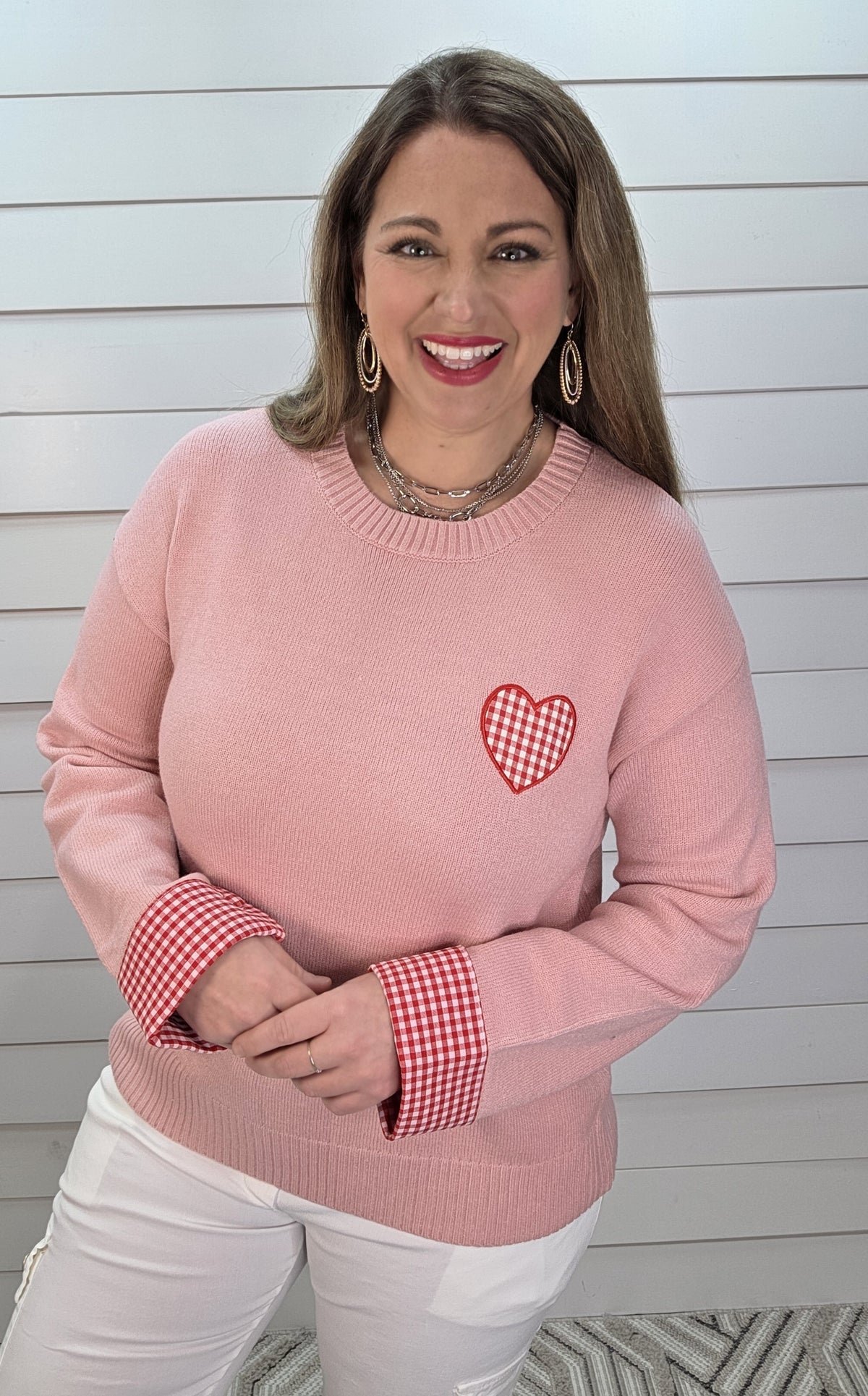 LIGHT PINK GINGHAM HEART KNIT SWEATER