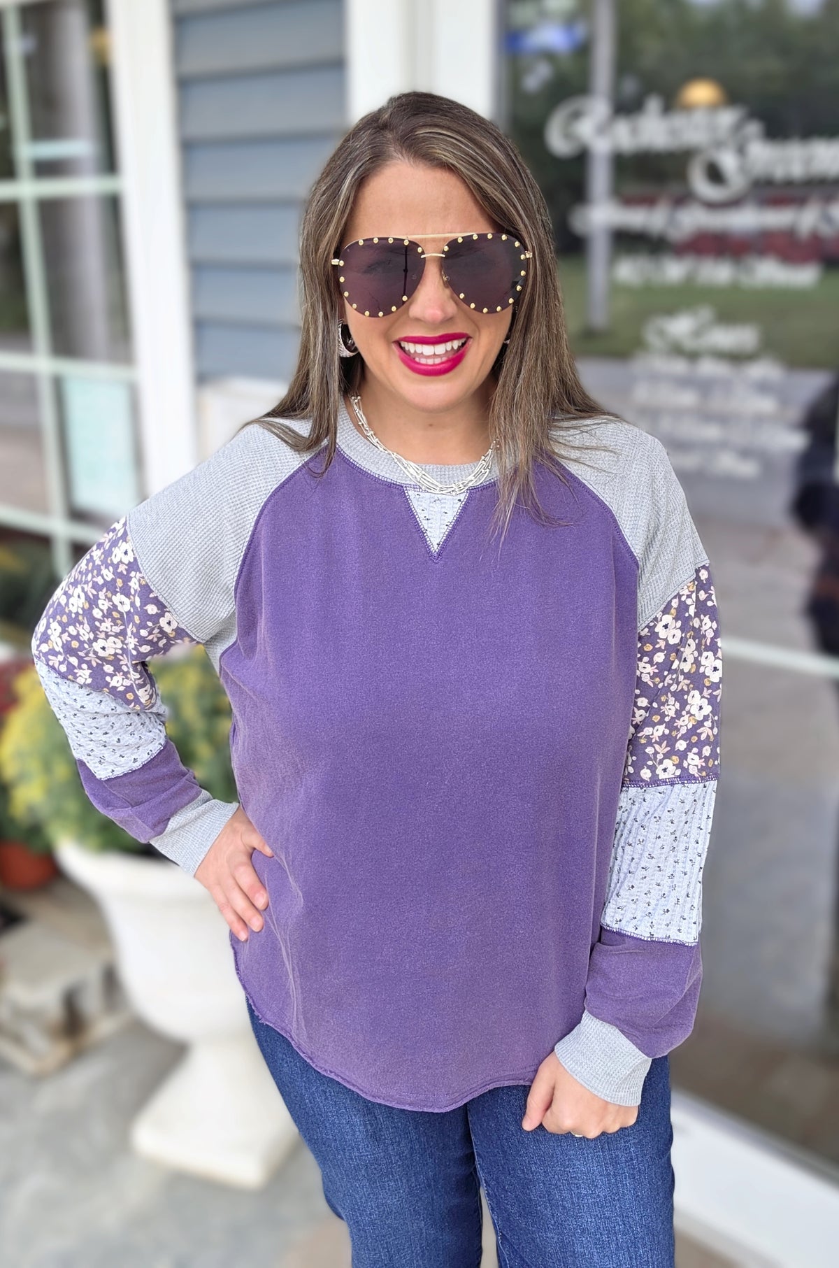PURPLE PATCHWORK SLEEVE OVERSIZED TOP