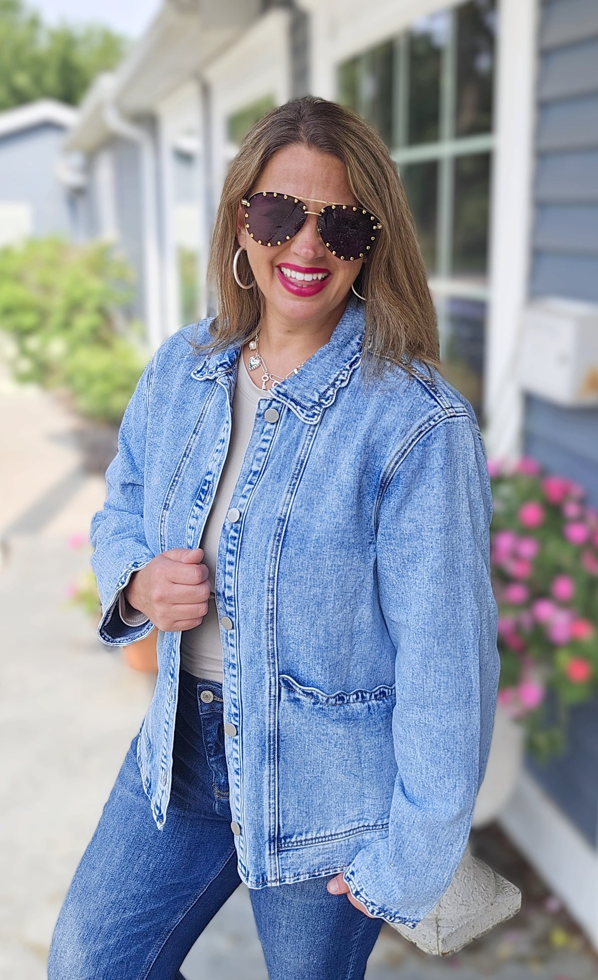 DENIM SCALLOPED TRIM BUTTON UP JACKET