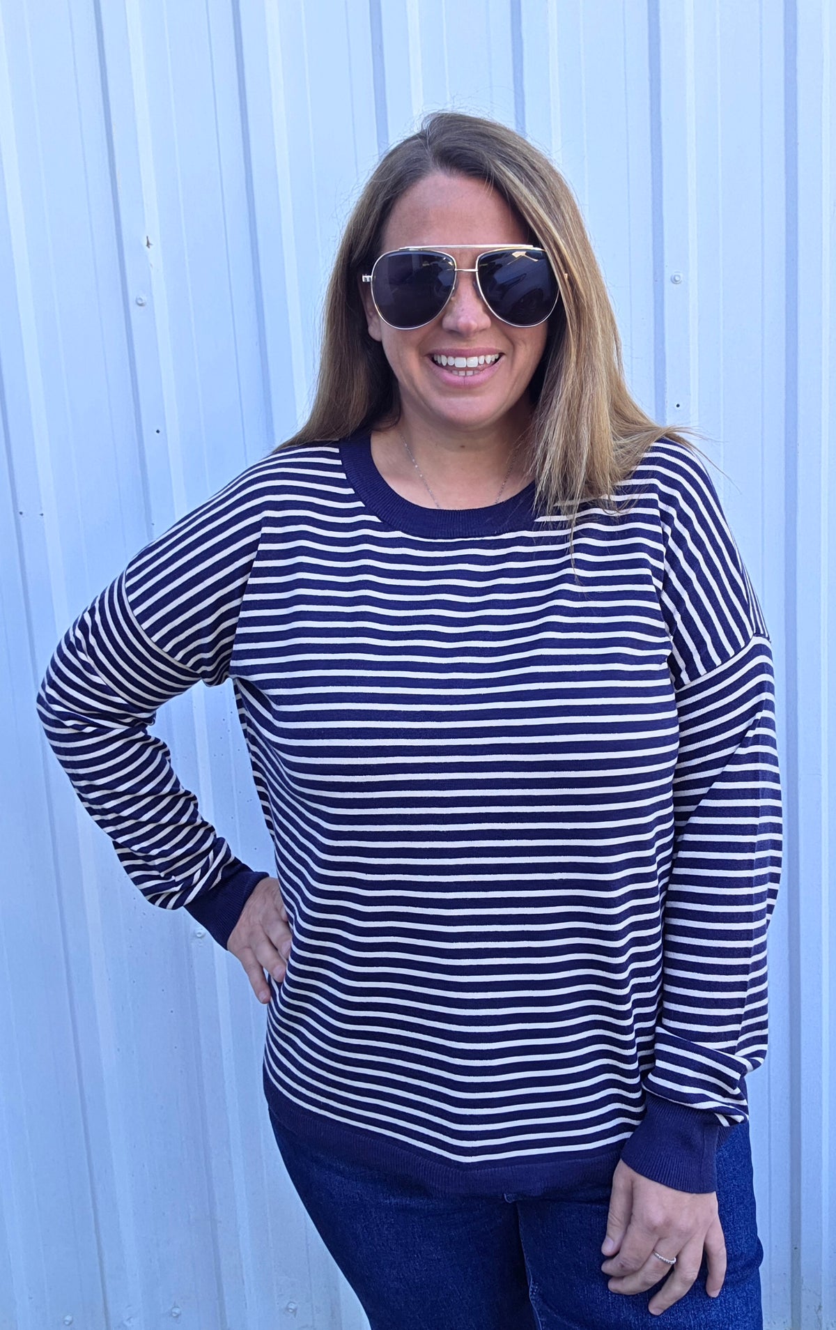 NAVY Crew Neck, Long Sleeve, Light Weight Loose Fit, Striped Pullover Sweater