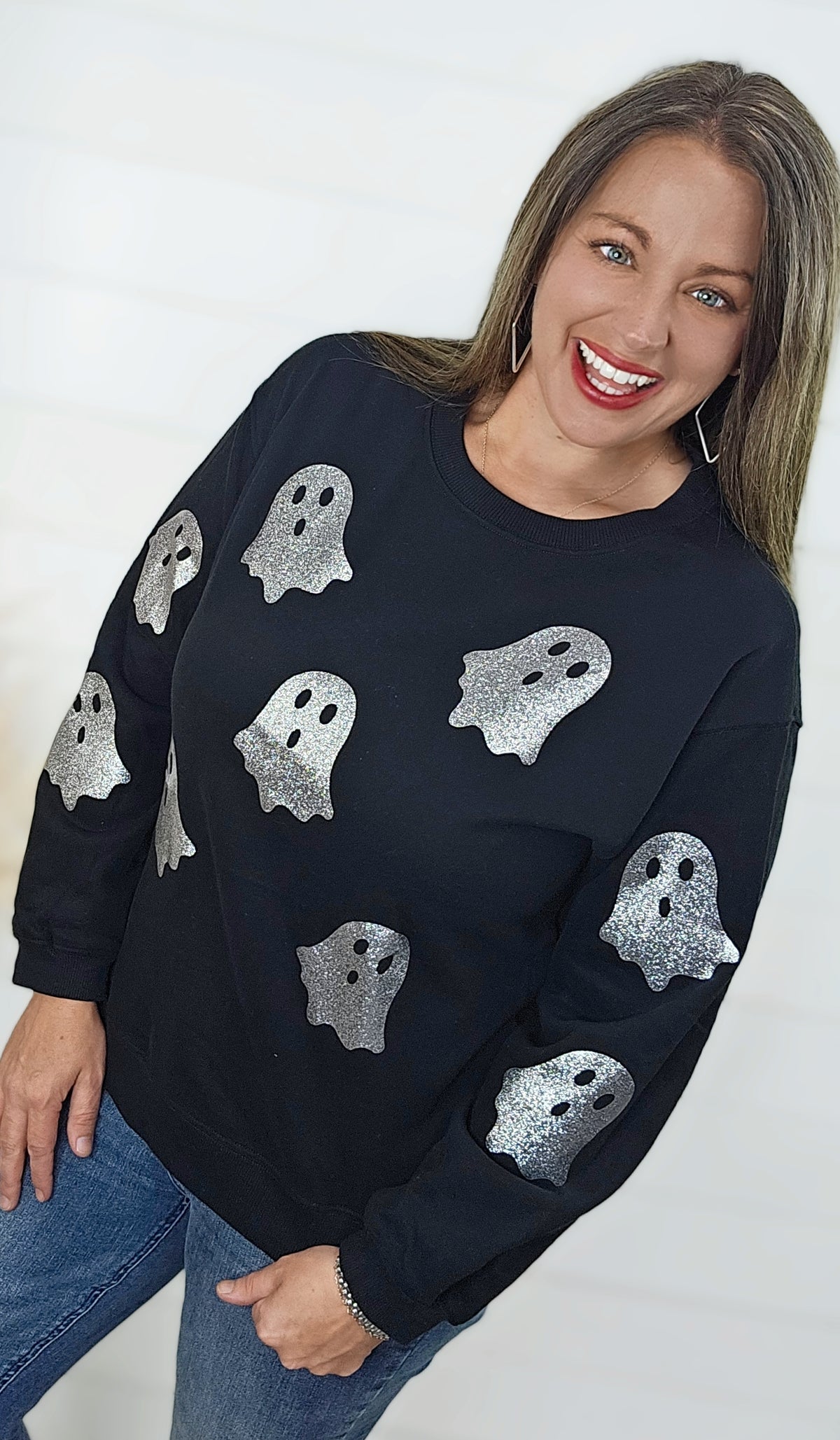 BLACK/SILVER GHOST GLITTER CREW NECK SWEATSHIRT