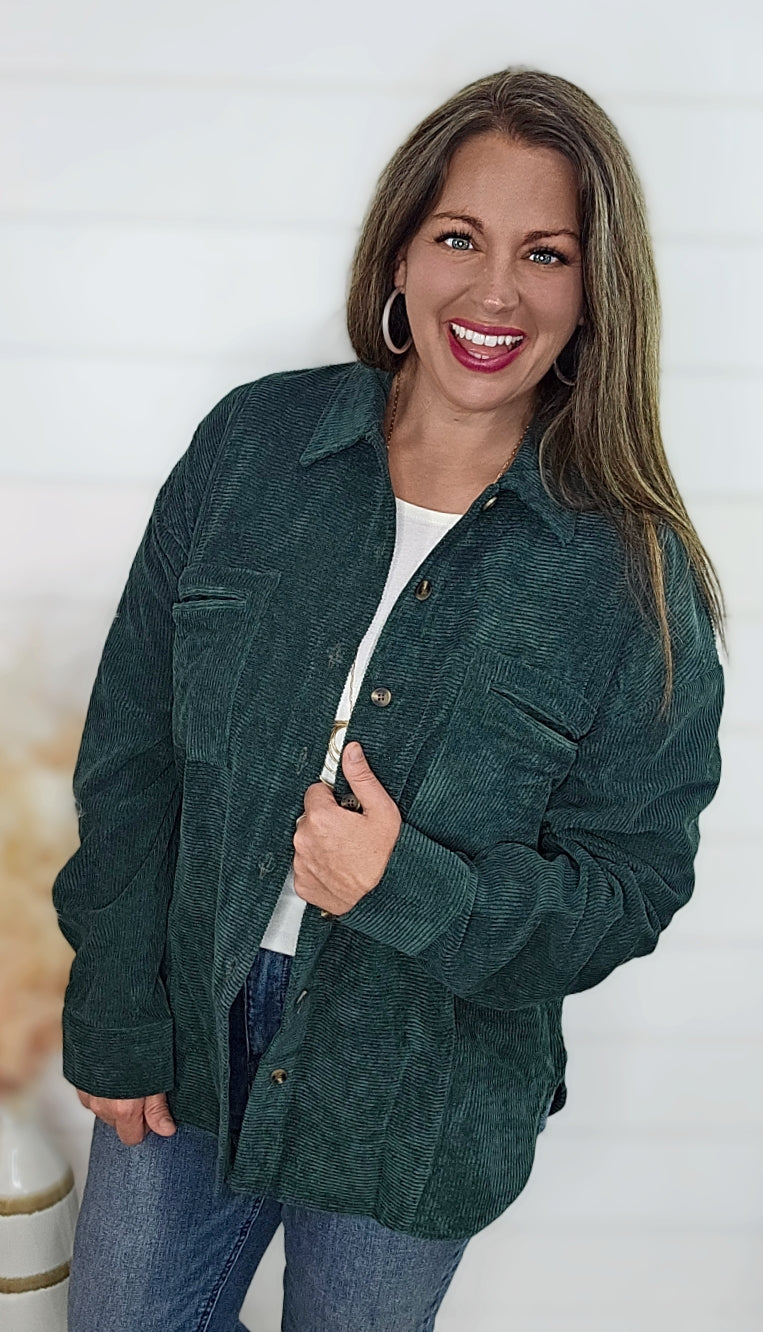 DARK GREEN CORDUROY BUTTON UP TOP