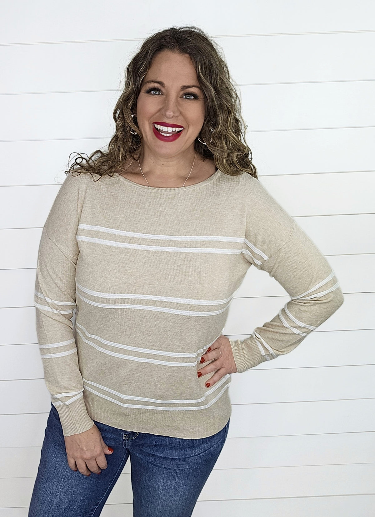 TAUPE TEXTURED STRIPE BOAT NECK SWEATER