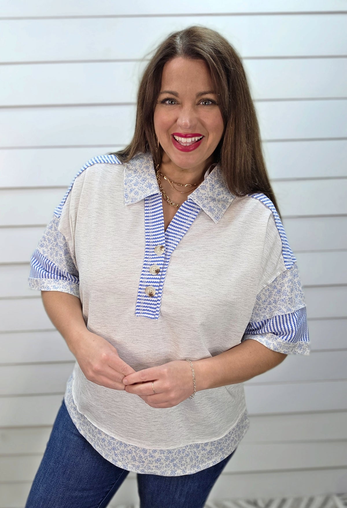 HEATHER GREY FLORAL BUTTON HENLEY KNIT TOP W/ LAY DOWN COLLAR