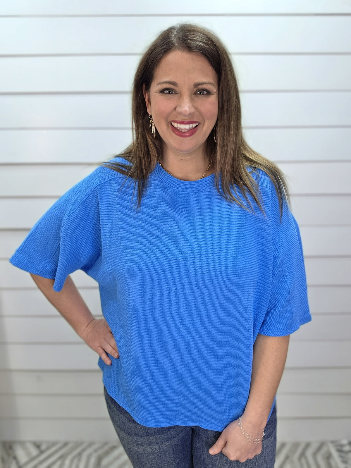 BLUE DOUBLE KNIT TEXTURED HALF SLEEVE KNIT TOP