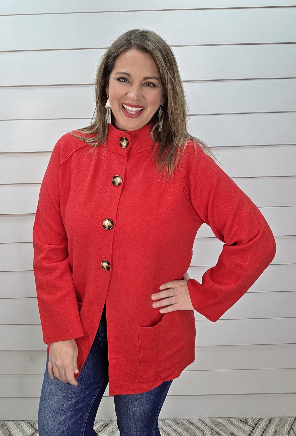 RED COLLARED BUTTON FRONT WRAPPED CARDIGAN/SWEATER