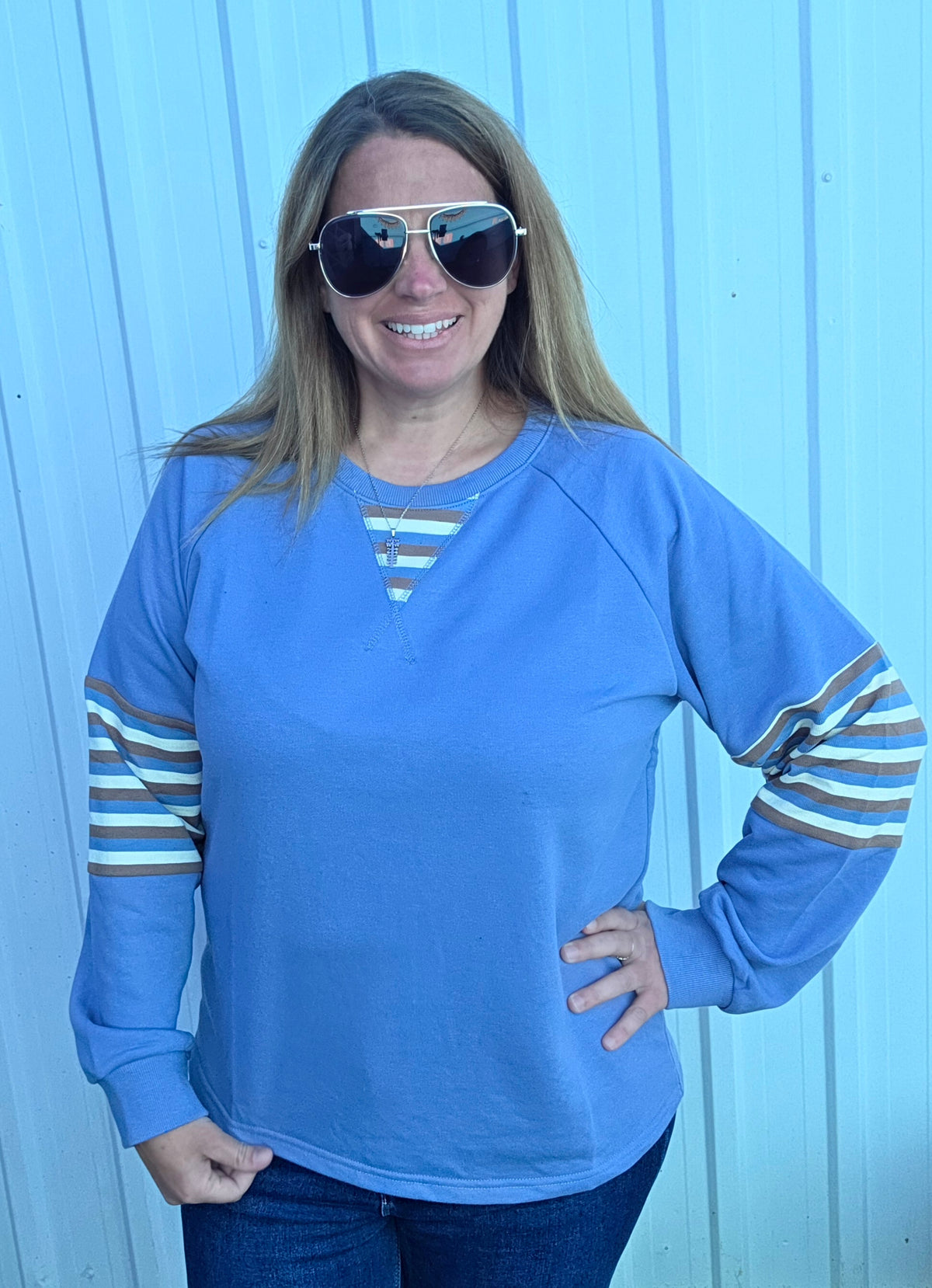 Denim Blue Crew Neck Raglan Sleeve Terry Mixed Stripe Top