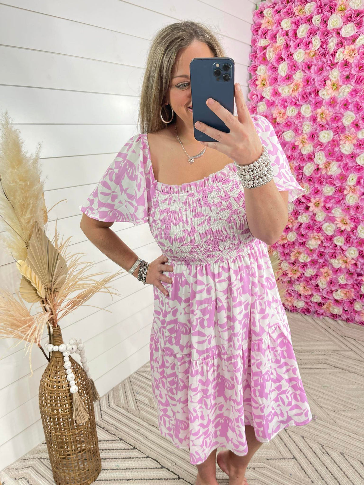 LIGHT PINK/WHITE FLORAL PRINTED SMOCKED TOP DRESS