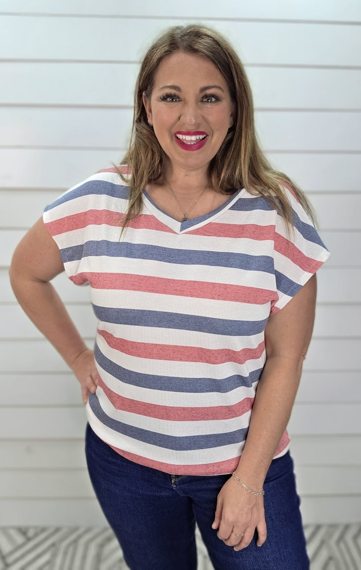 RED/NAVY STRIPED V NECK KNIT TOP